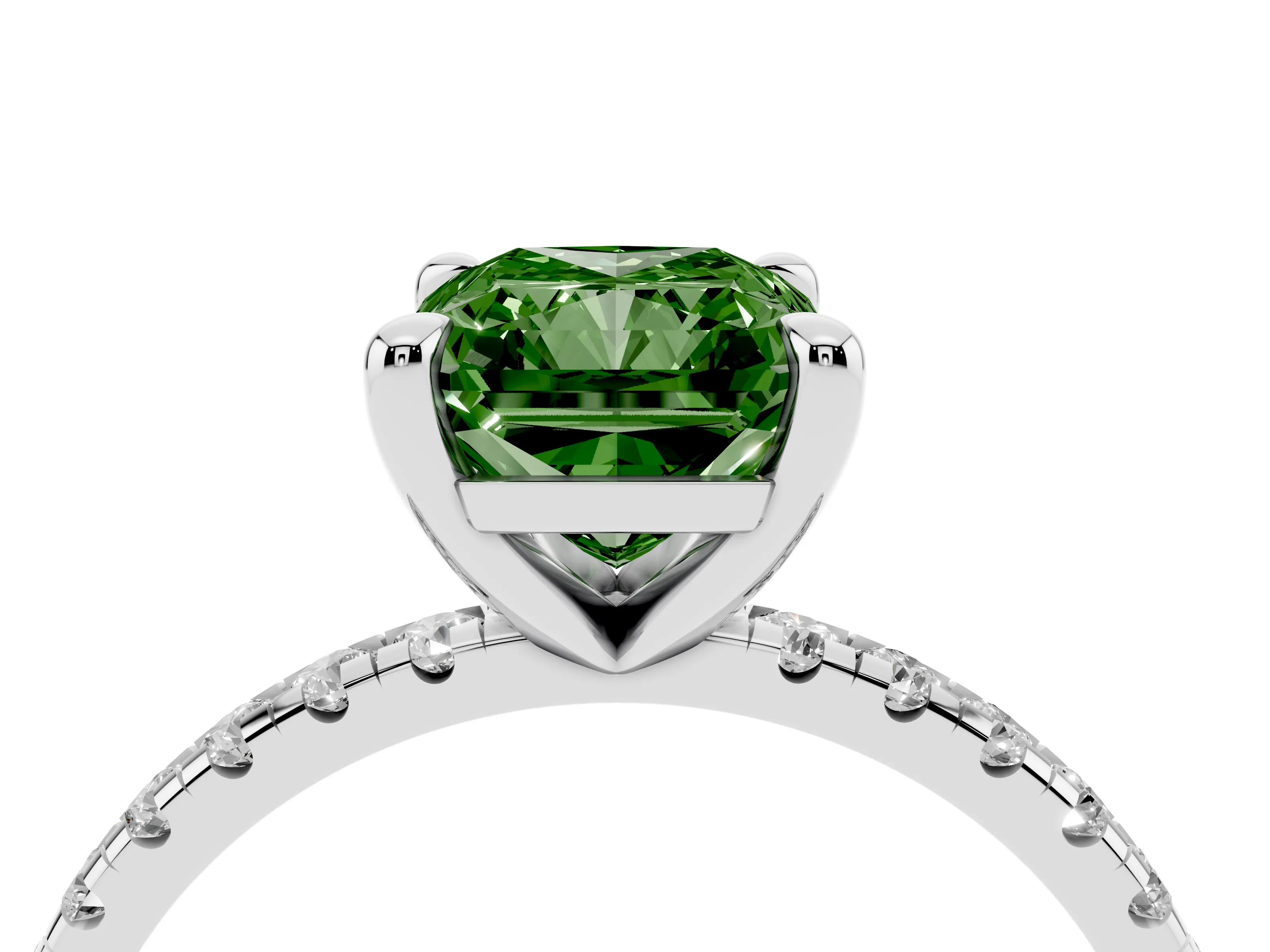Fancy Green Radiant Cut Diamond Brilliant Solitaire Ring Set in Platinum with Pavé Band and Prong Setting