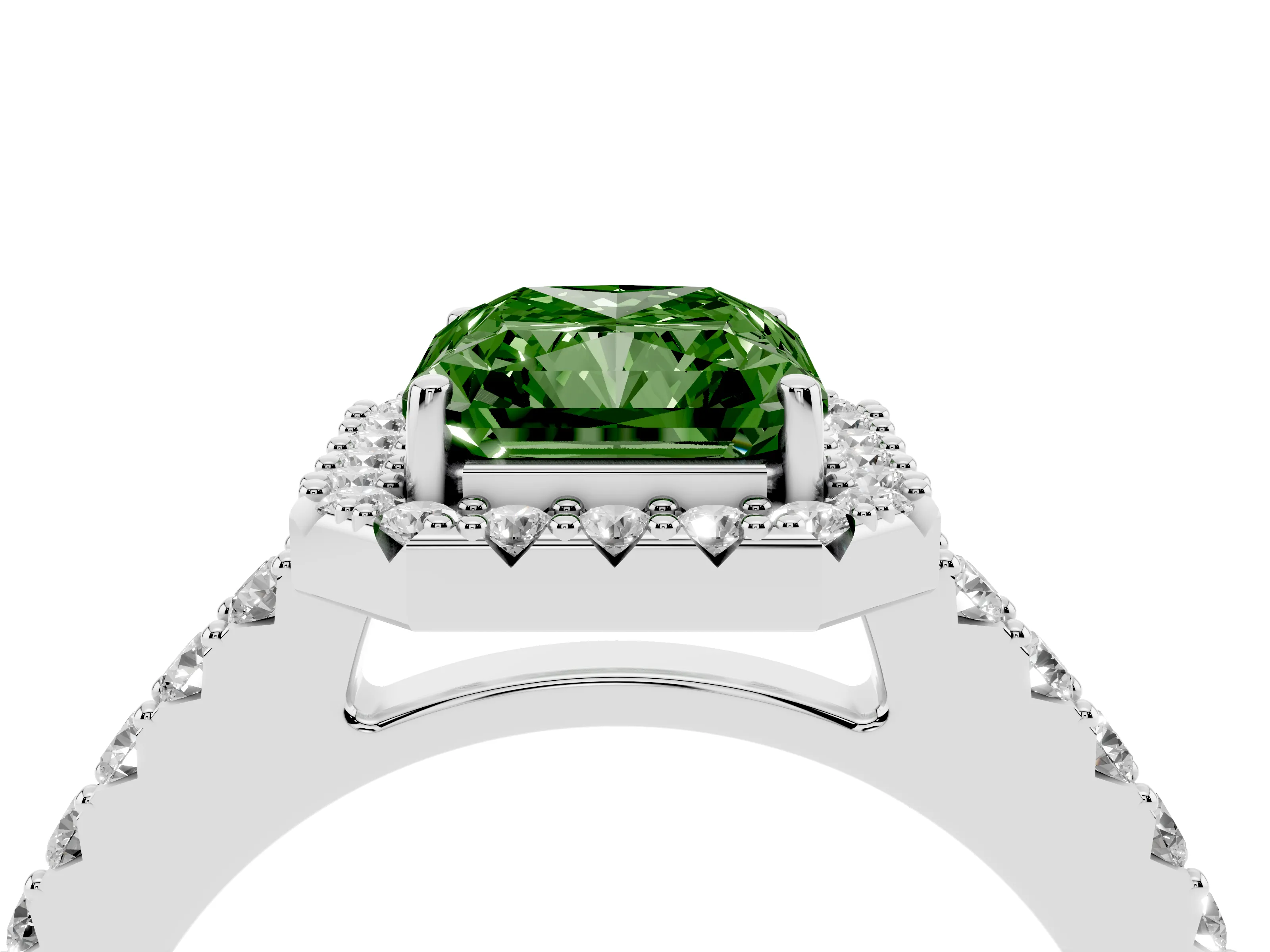 Fancy Green Radiant Cut Diamond Halo Pavé Solitaire Ring Set in Platinum with Prong-Set Center Stone