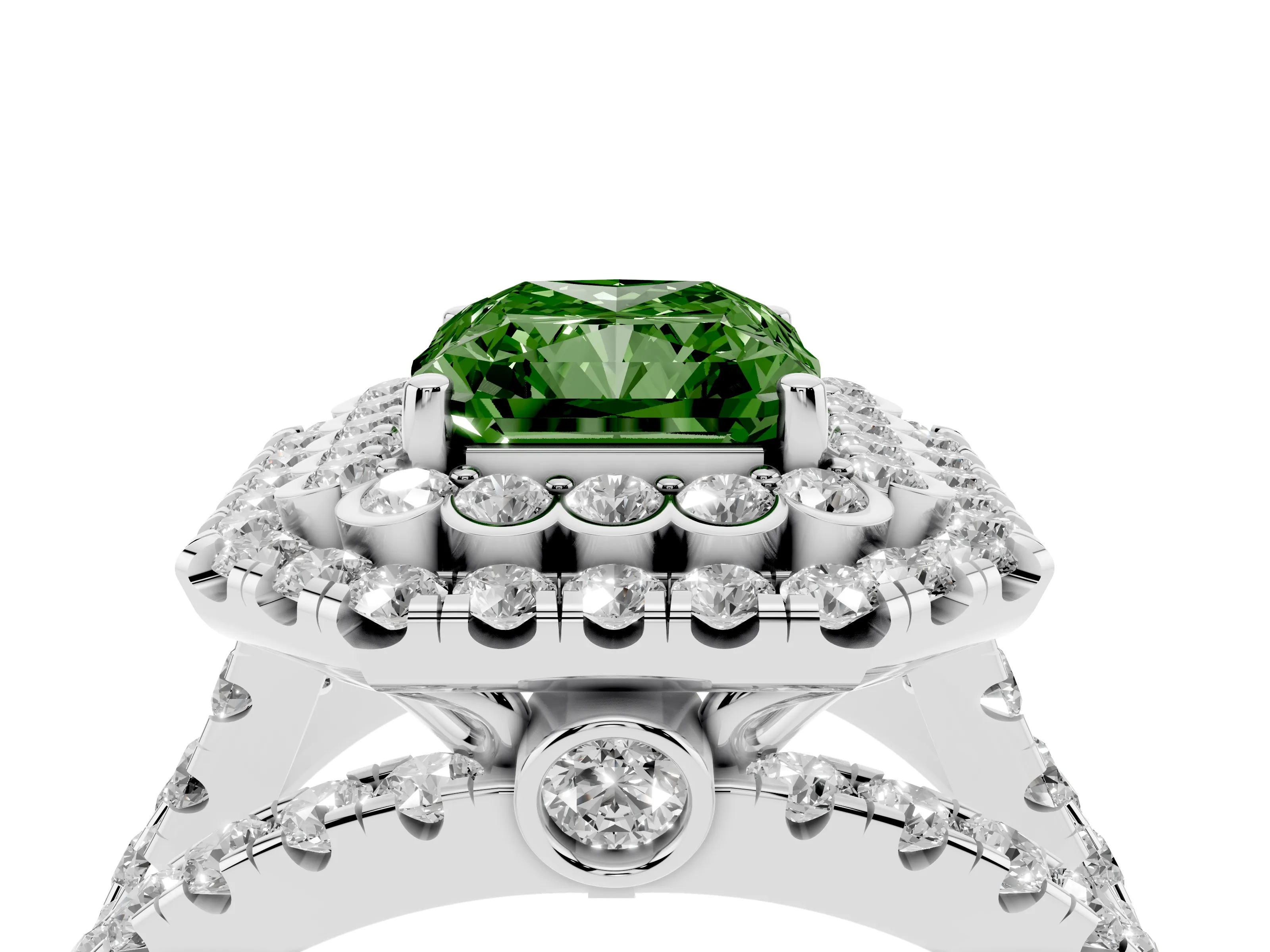 Fancy Green Radiant Cut Diamond Double Halo Ring Set in White gold with Round Pavé Split Shank