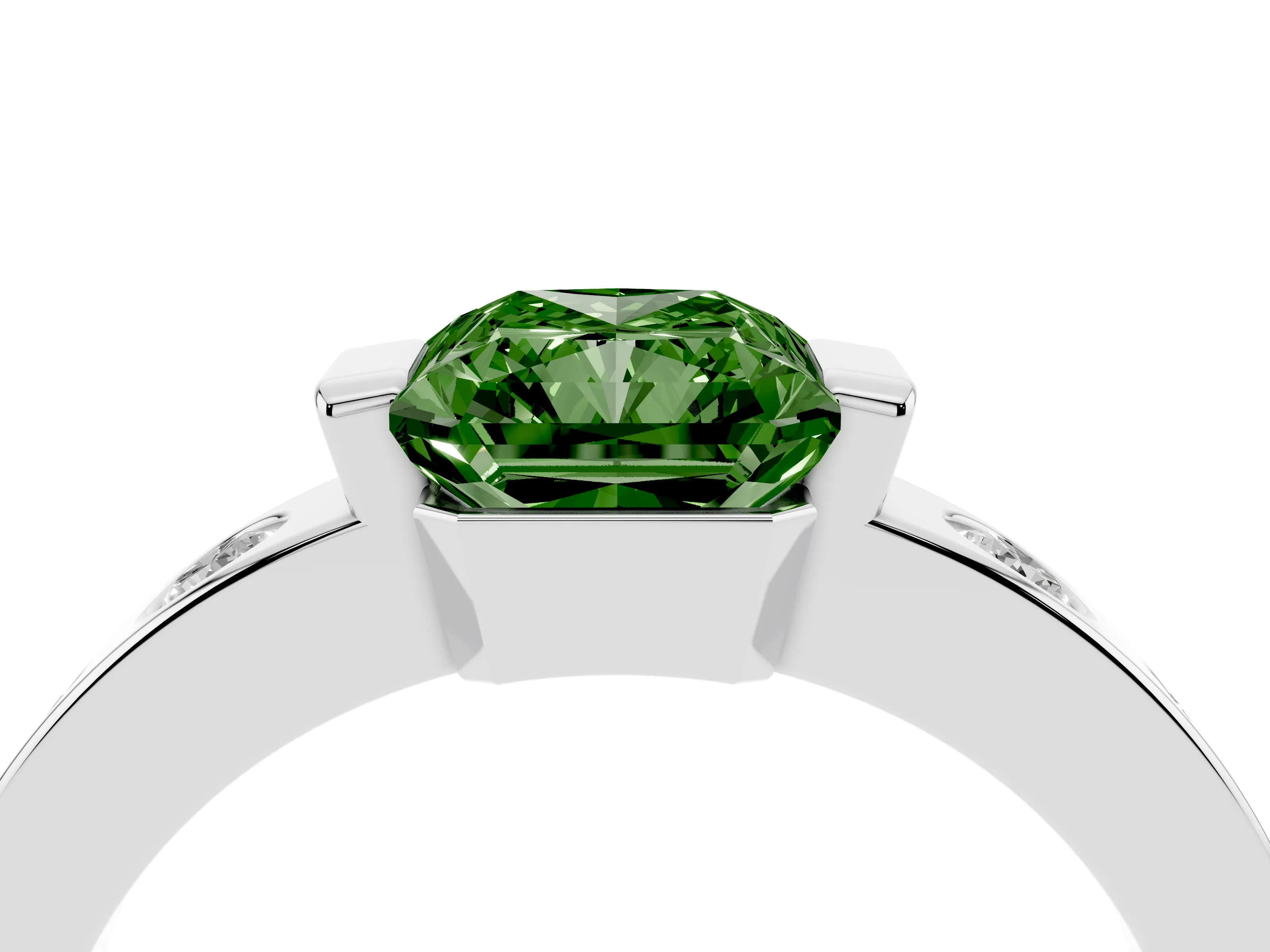 Fancy Green Radiant Cut Diamond Channel-Set Band Ring Set in Silver with Bezel Prong Setting