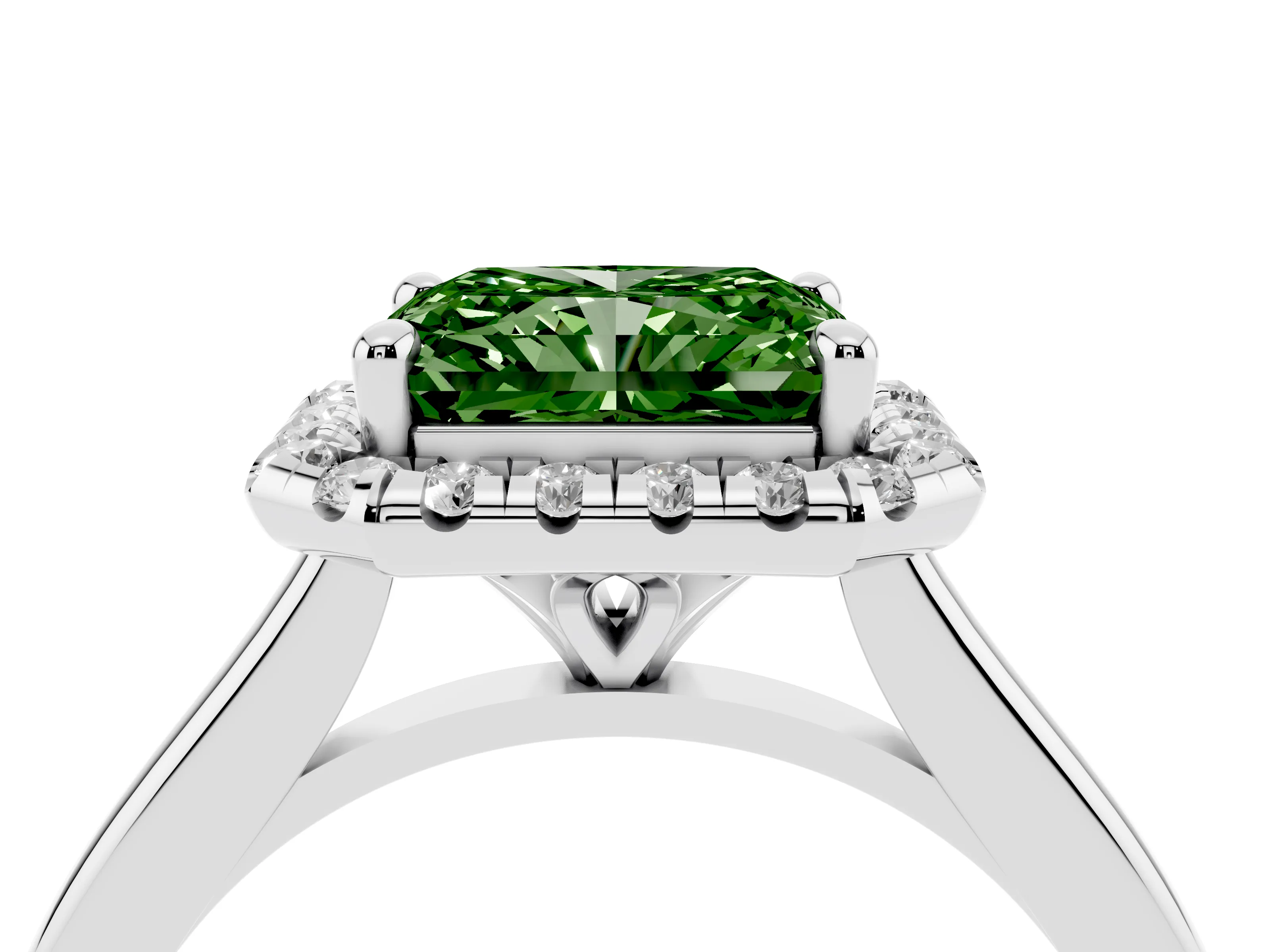 Fancy Green Radiant Cut Diamond Halo Engagement Ring Set in White gold with Pavé Band and Rising Shoulders