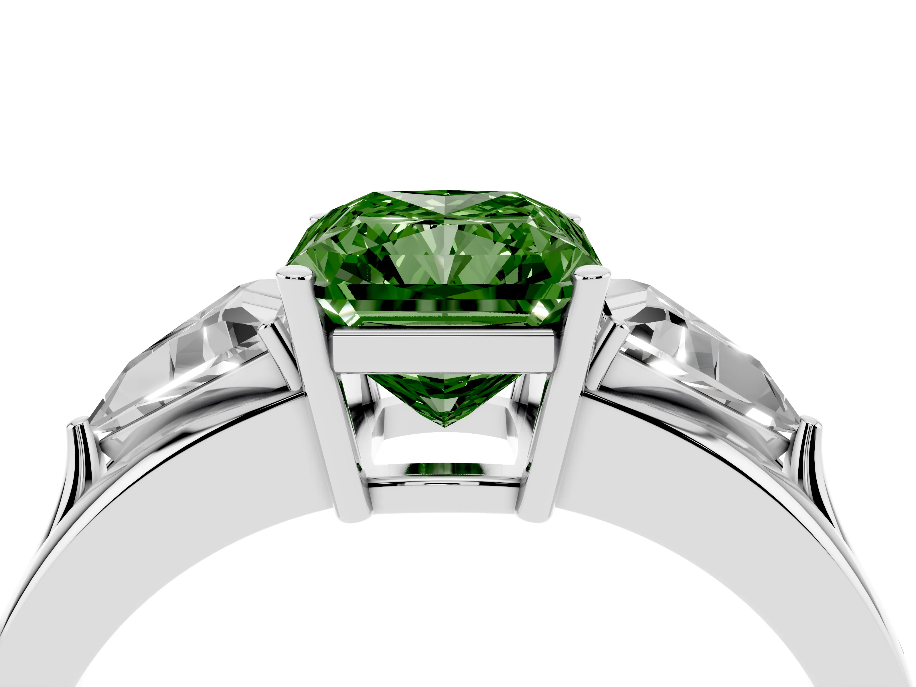 Fancy Green Radiant Cut Diamond Three-Stone Ring Set in Silver with Trillion Side Stones and Split Shank