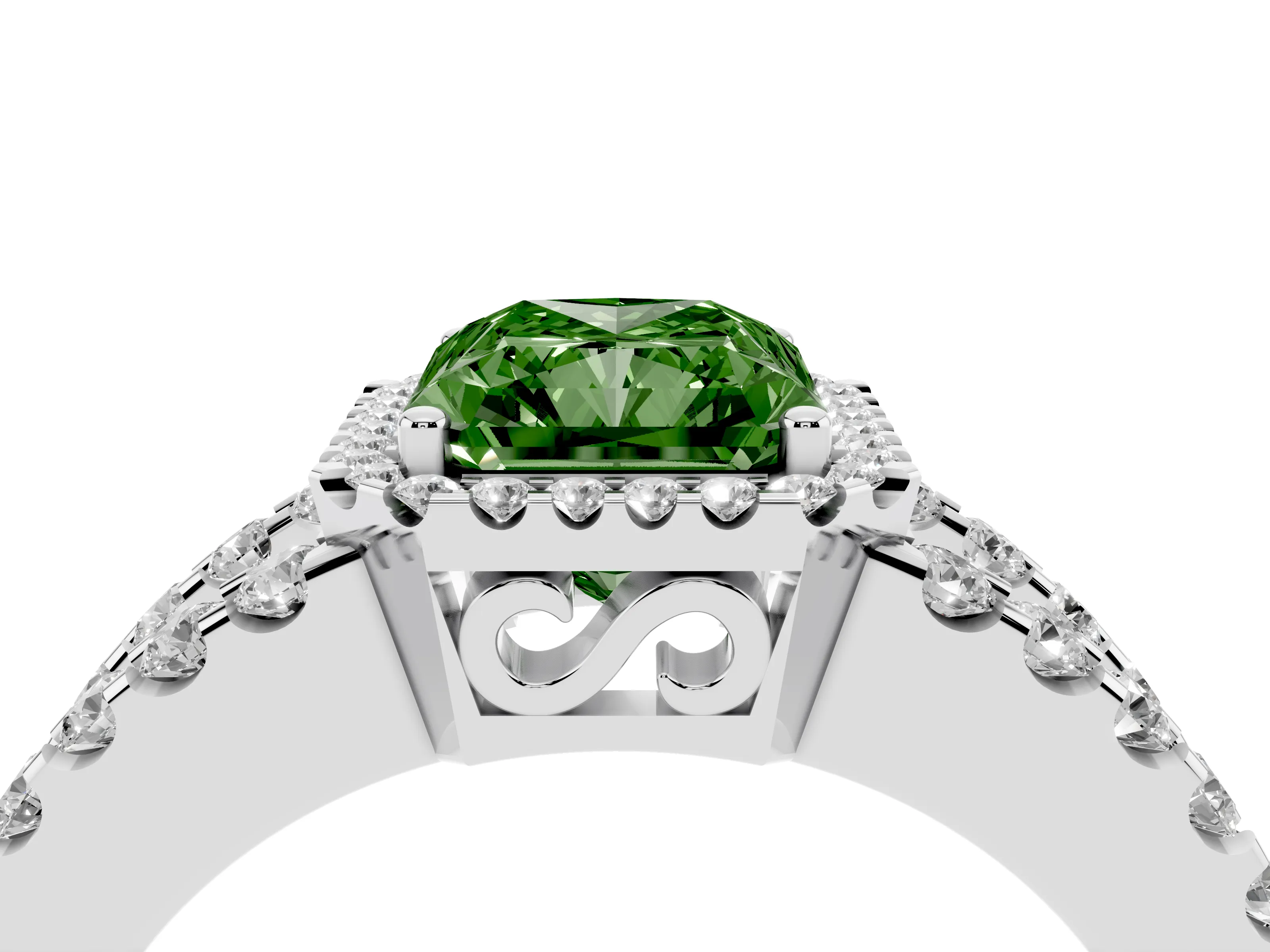 Fancy Green Radiant Cut Diamond Halo Ring Set in Platinum with Pavé Split Shank and Prong Setting