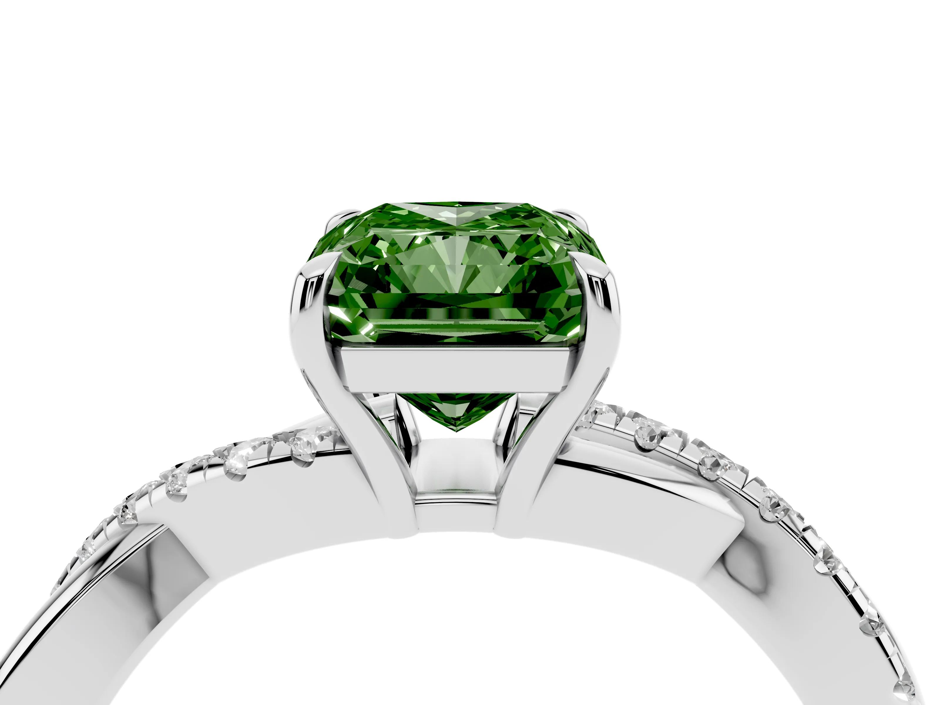 Fancy Green Radiant Cut Diamond Twisted Pavé Band Ring Set in Silver with Prong Setting