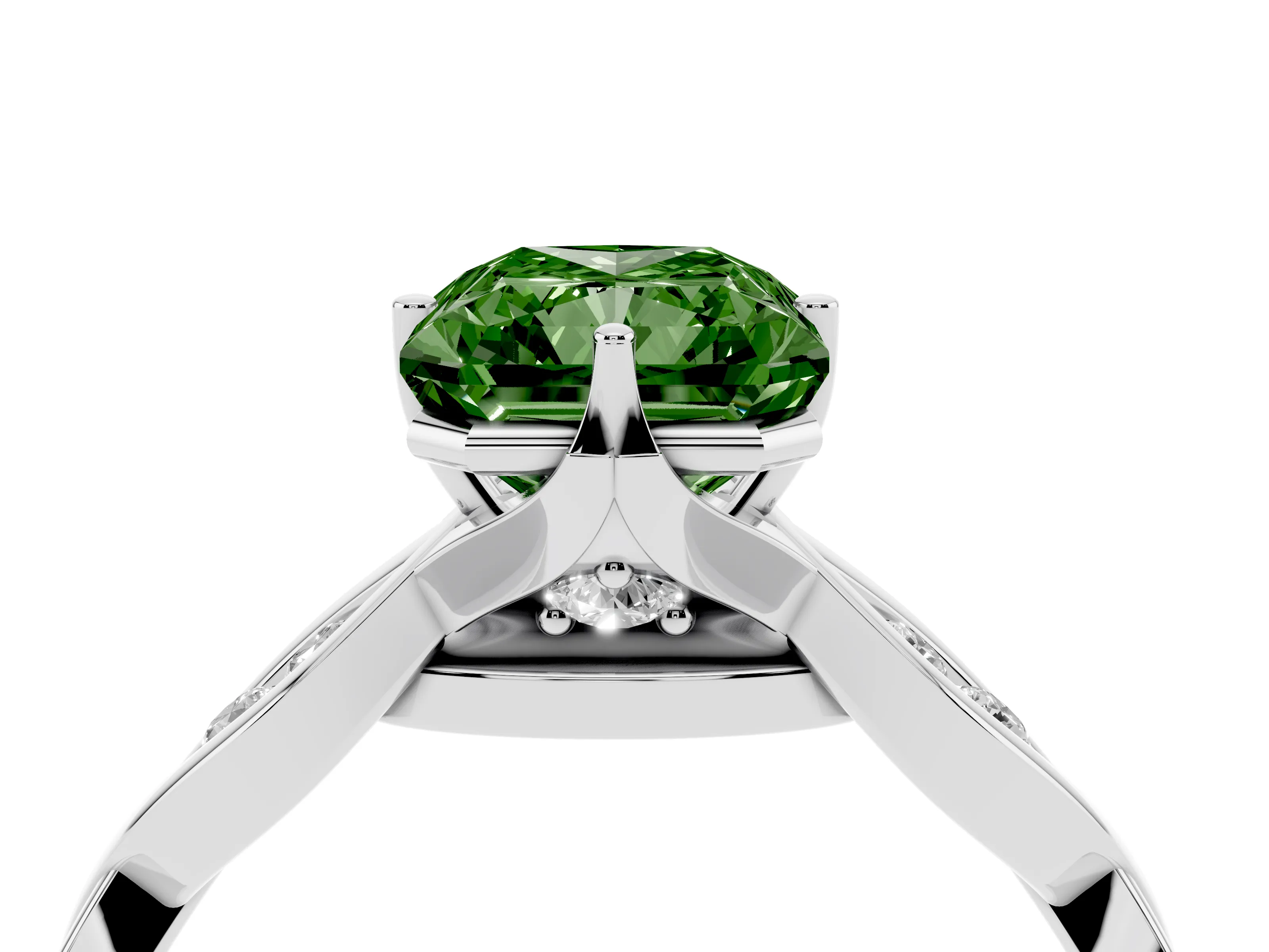Fancy Green Radiant Cut Diamond Twist Band Solitaire Ring Set in Silver with Leaf Prong Setting and Accent Stones