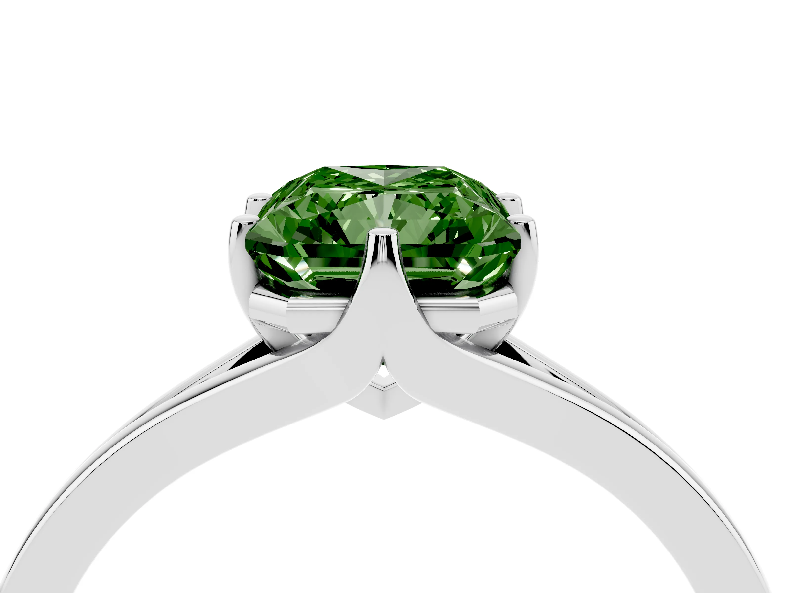 Fancy Green Radiant Cut Diamond Solitaire Ring Set in White gold with Polished Tapered Band and Prong Setting