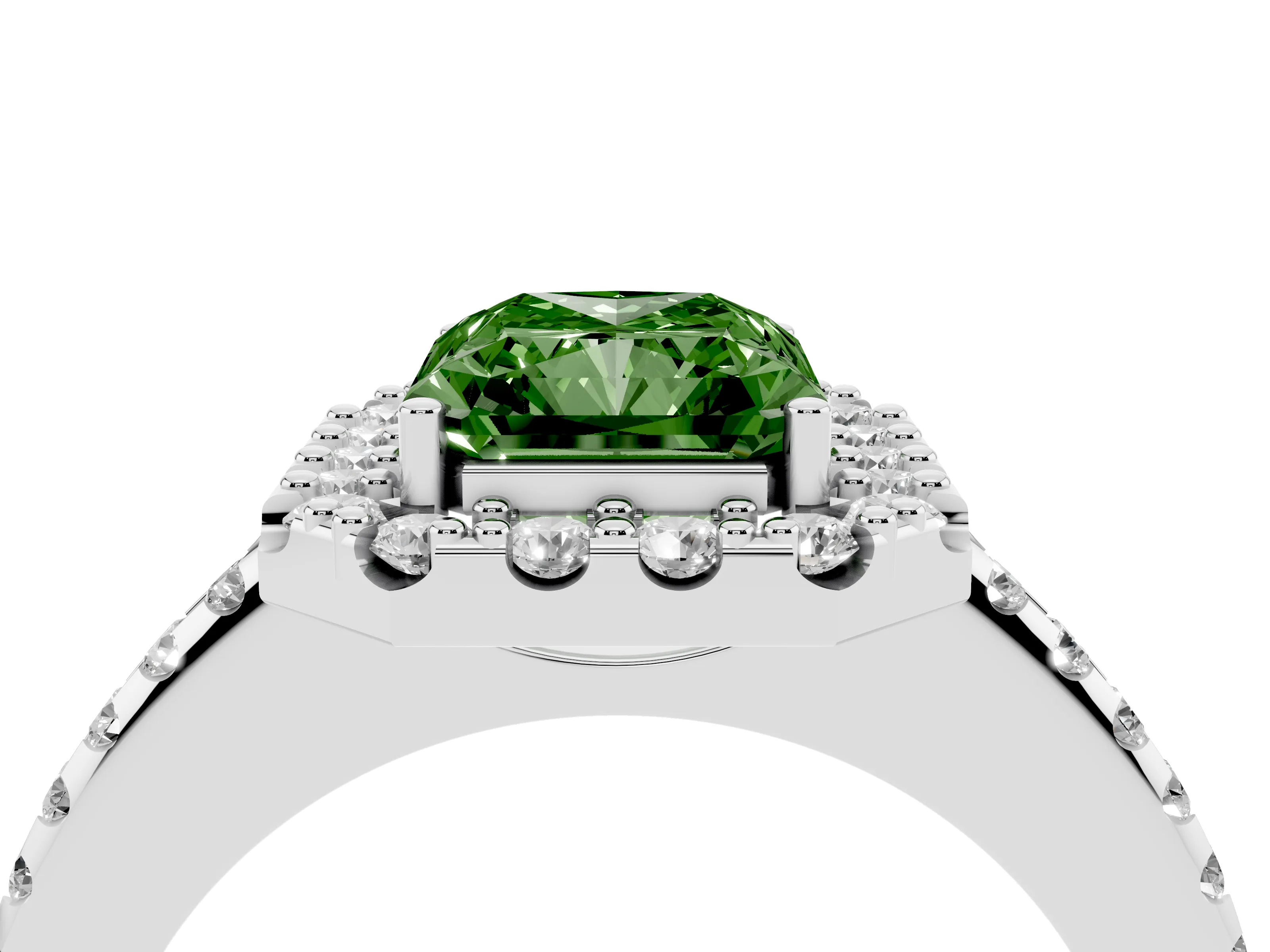 Fancy Green Radiant Cut Diamond Pavé Halo Ring Set in Silver with Prong Setting
