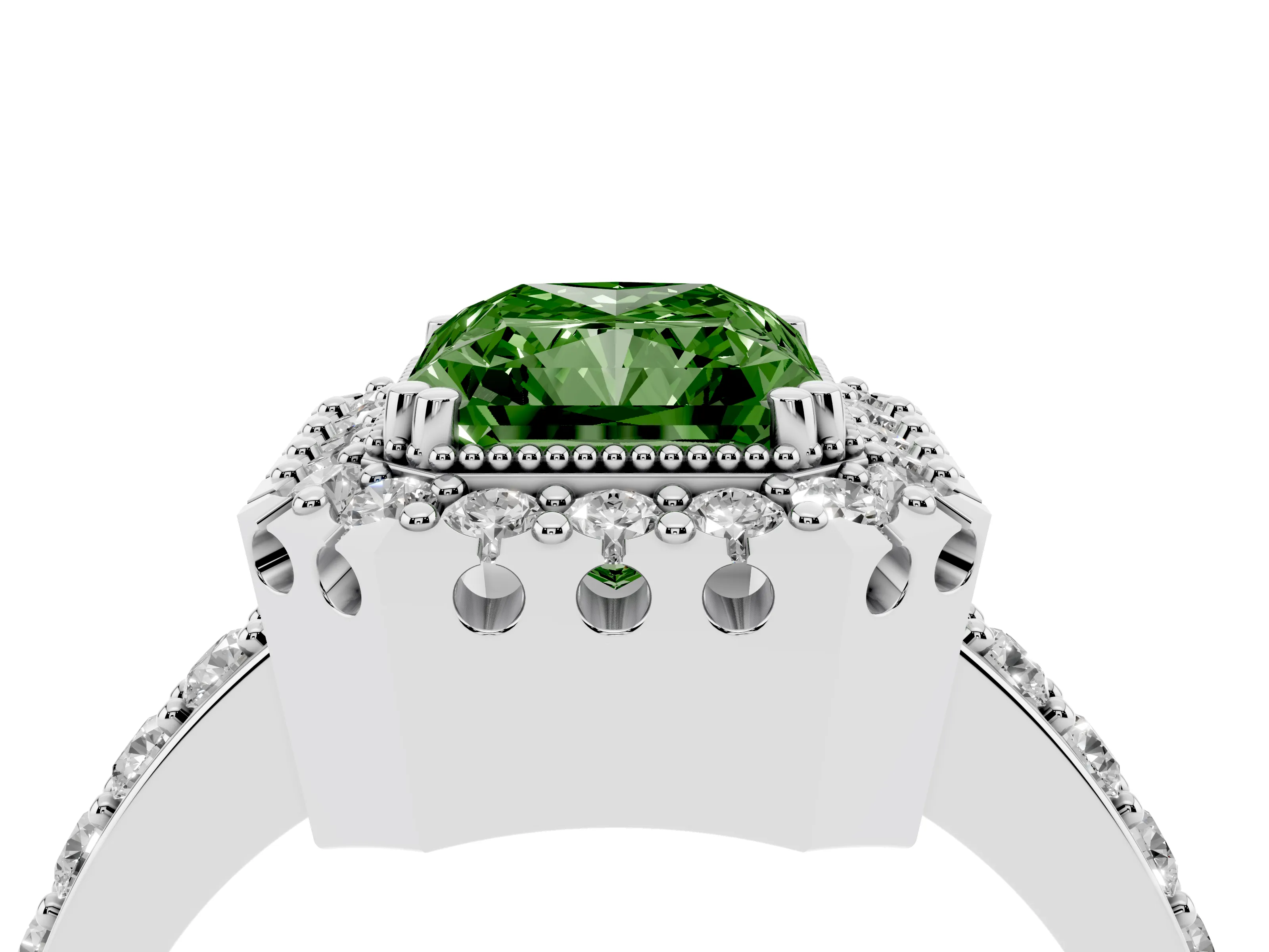 Fancy Green Radiant Cut Diamond Halo Ring Set in White gold with Pavé Shank and Prong Setting