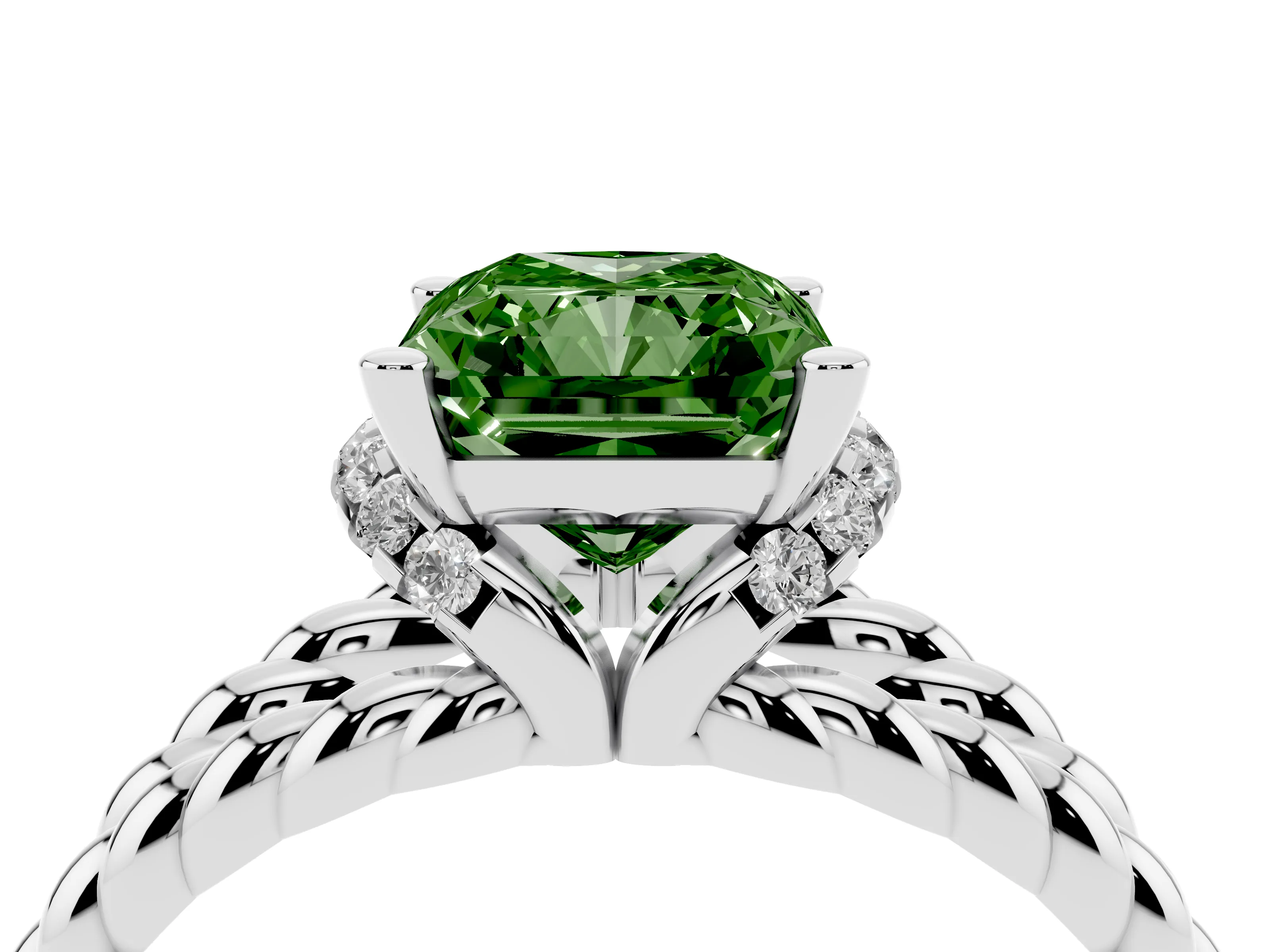 Fancy Green Radiant Cut Diamond Halo Ring Set in White gold with Twisted Band and Prong Setting