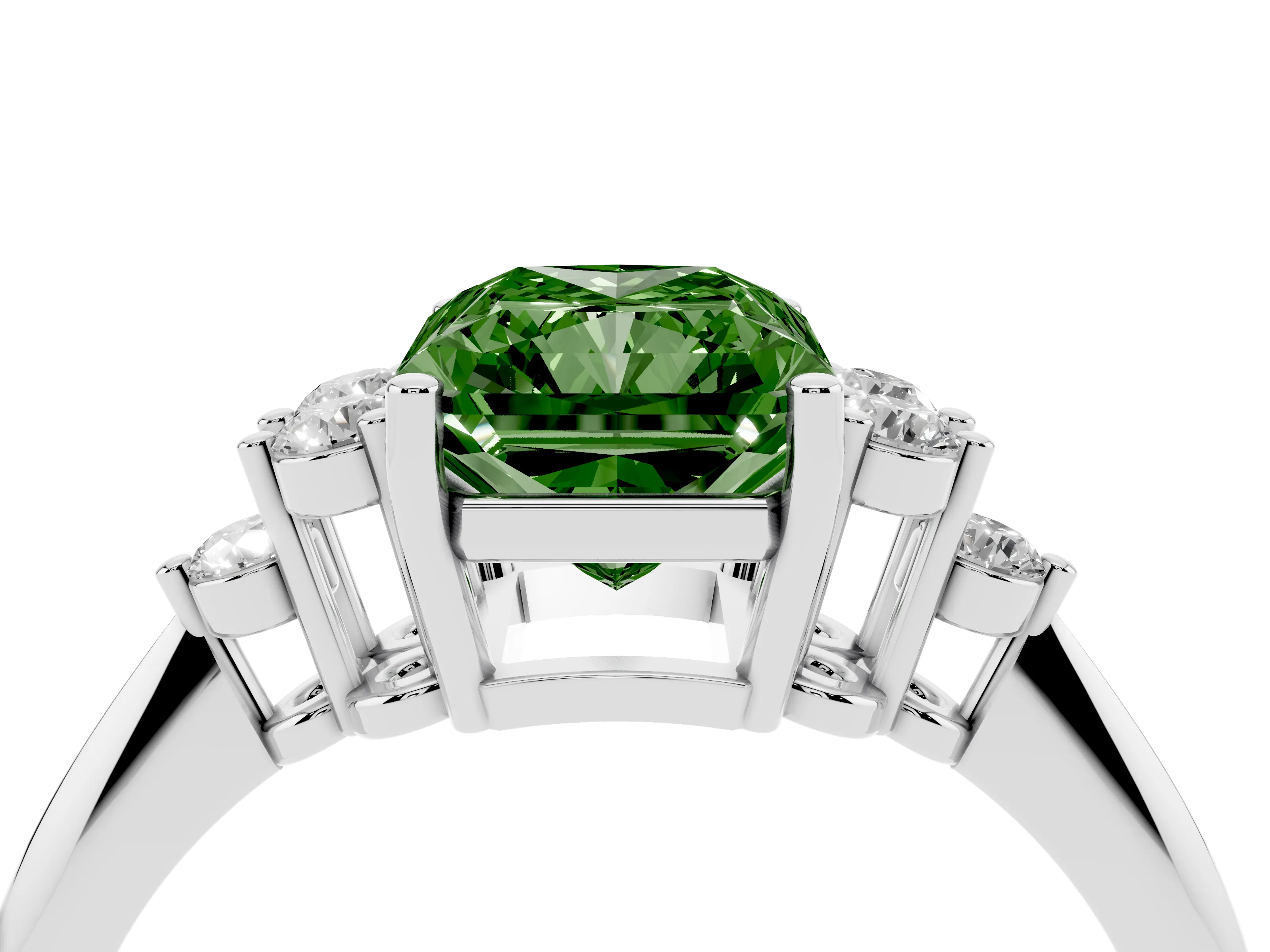 Fancy Green Radiant Cut Diamond Cluster Ring Set in White gold with Plain Band and Prong Setting