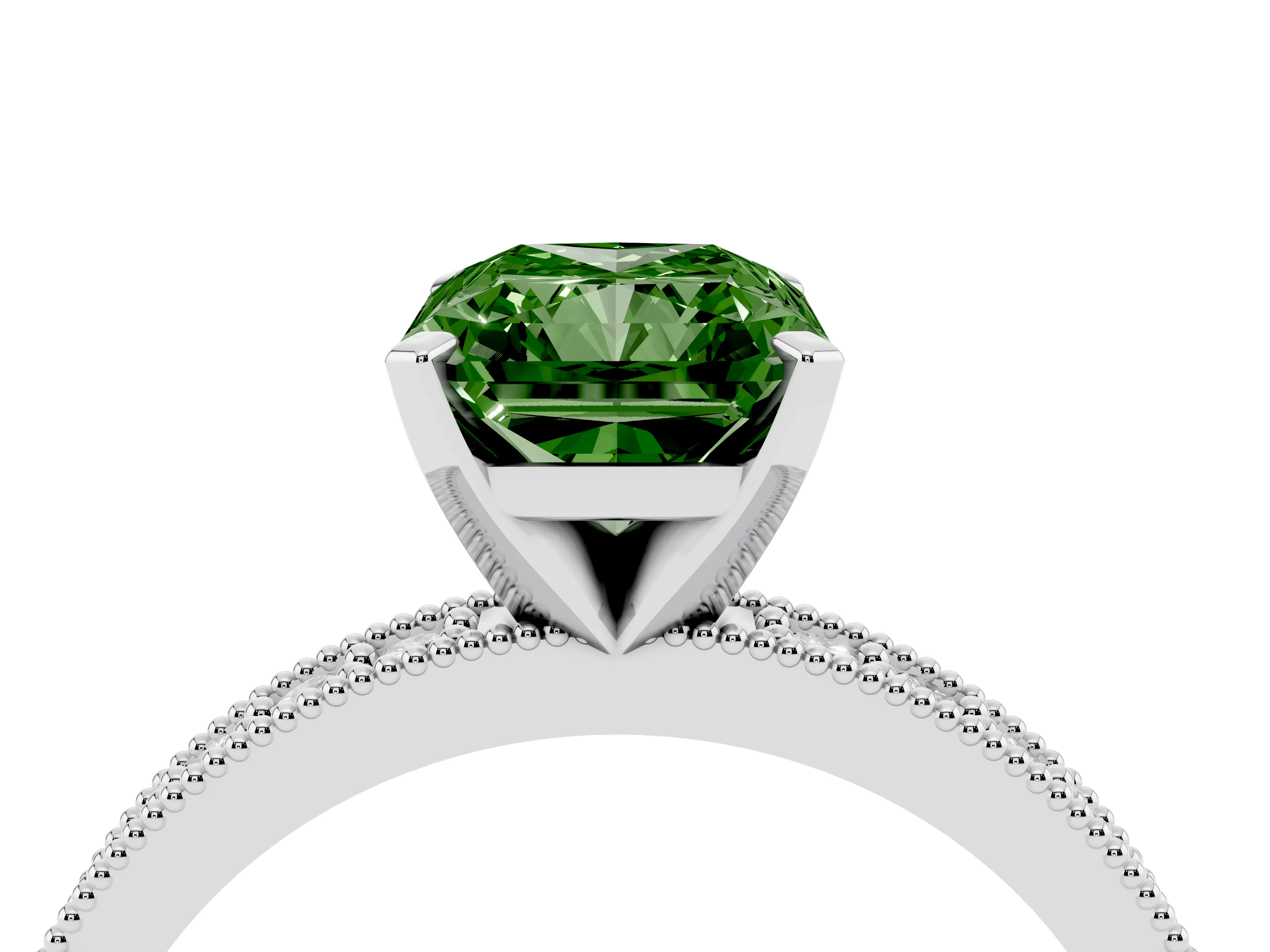 Fancy Green Radiant Cut Diamond Milgrain Pavé Engagement Ring Set in White gold with Prong Setting