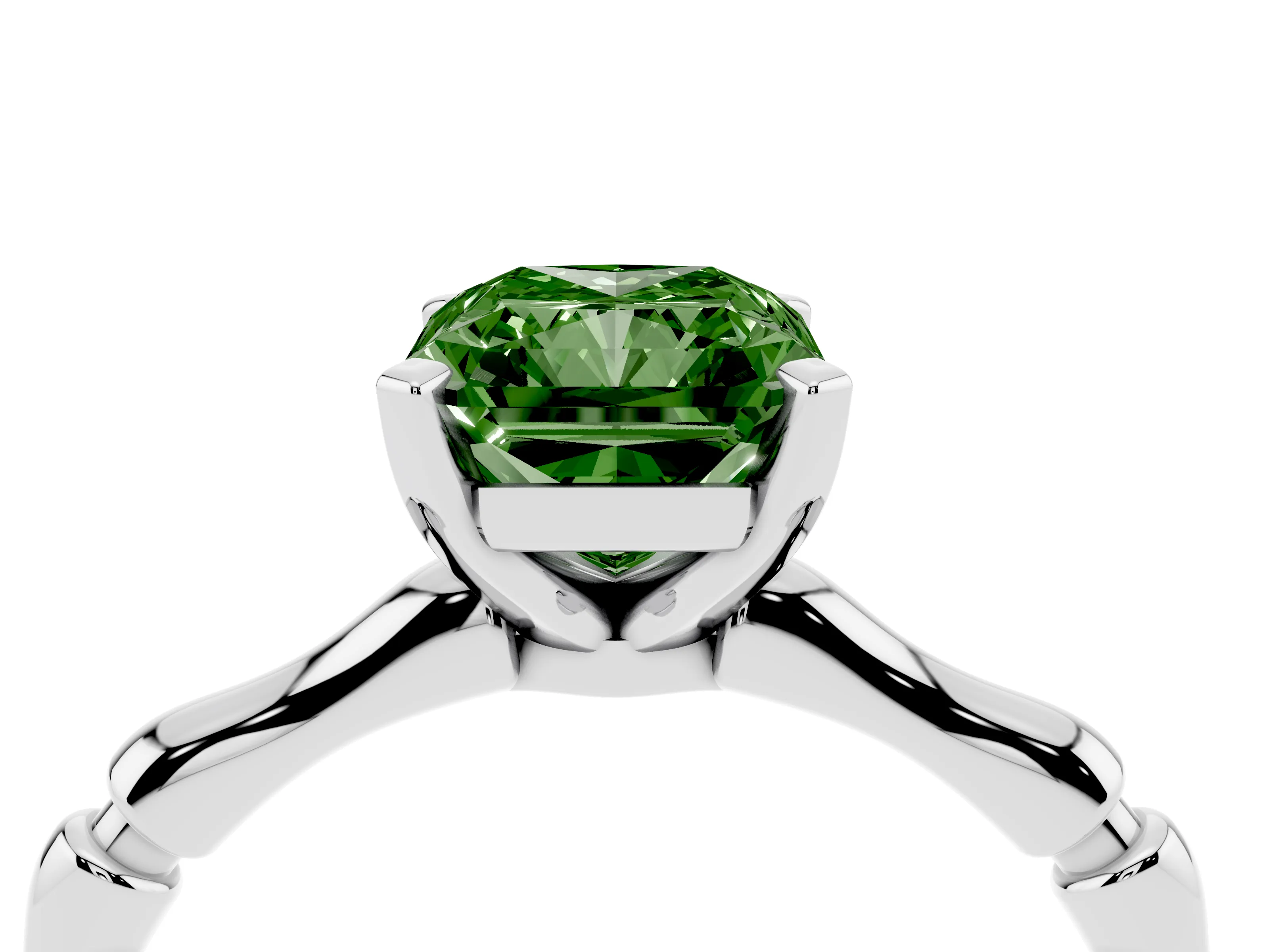 Fancy Green Radiant Cut Diamond Solitaire Ring Set in Silver with Bamboo Band and Prong Setting