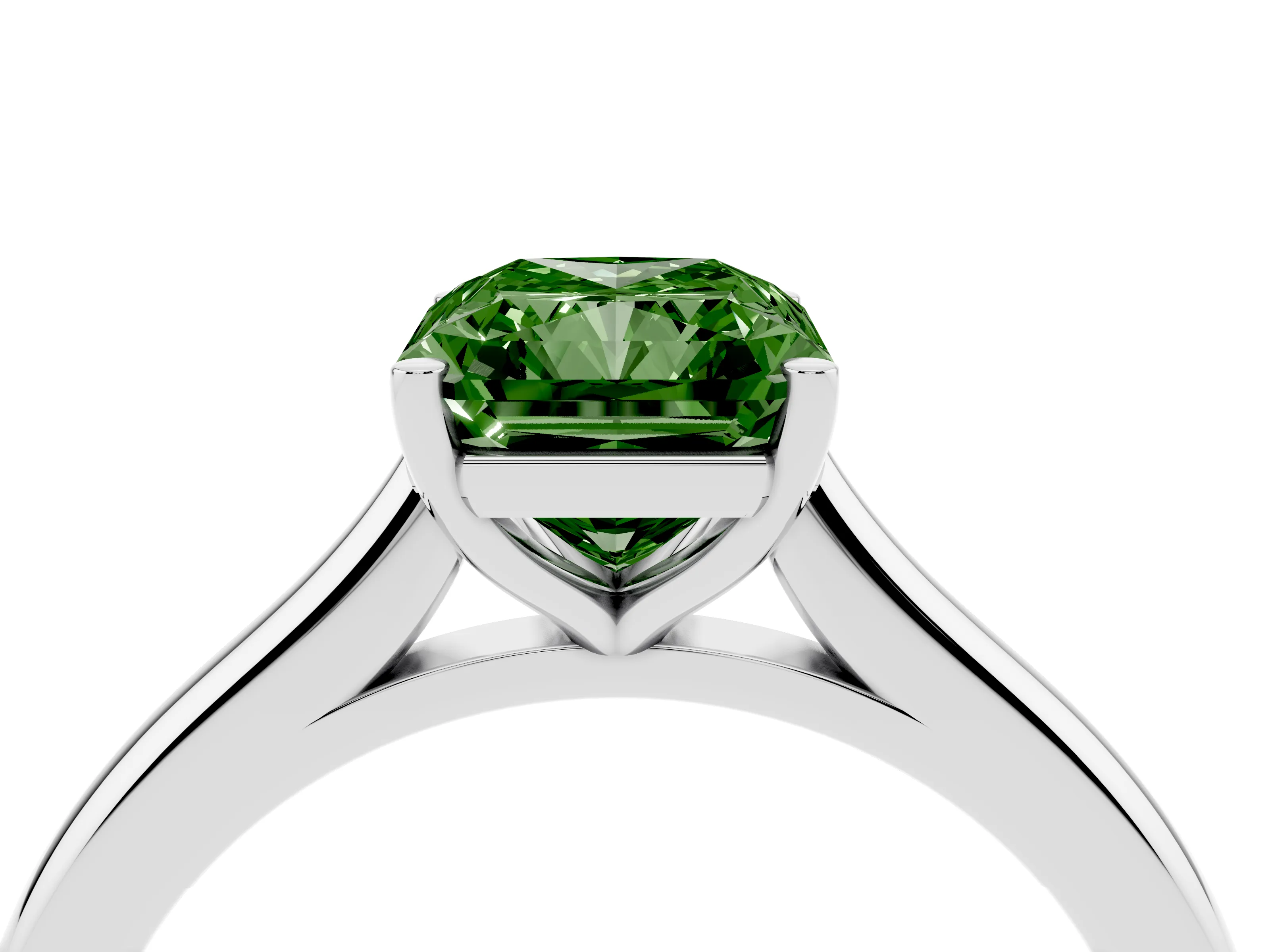 Fancy Green Radiant Cut Diamond Solitaire Ring Set in Silver with Cathedral Band and Prong Setting