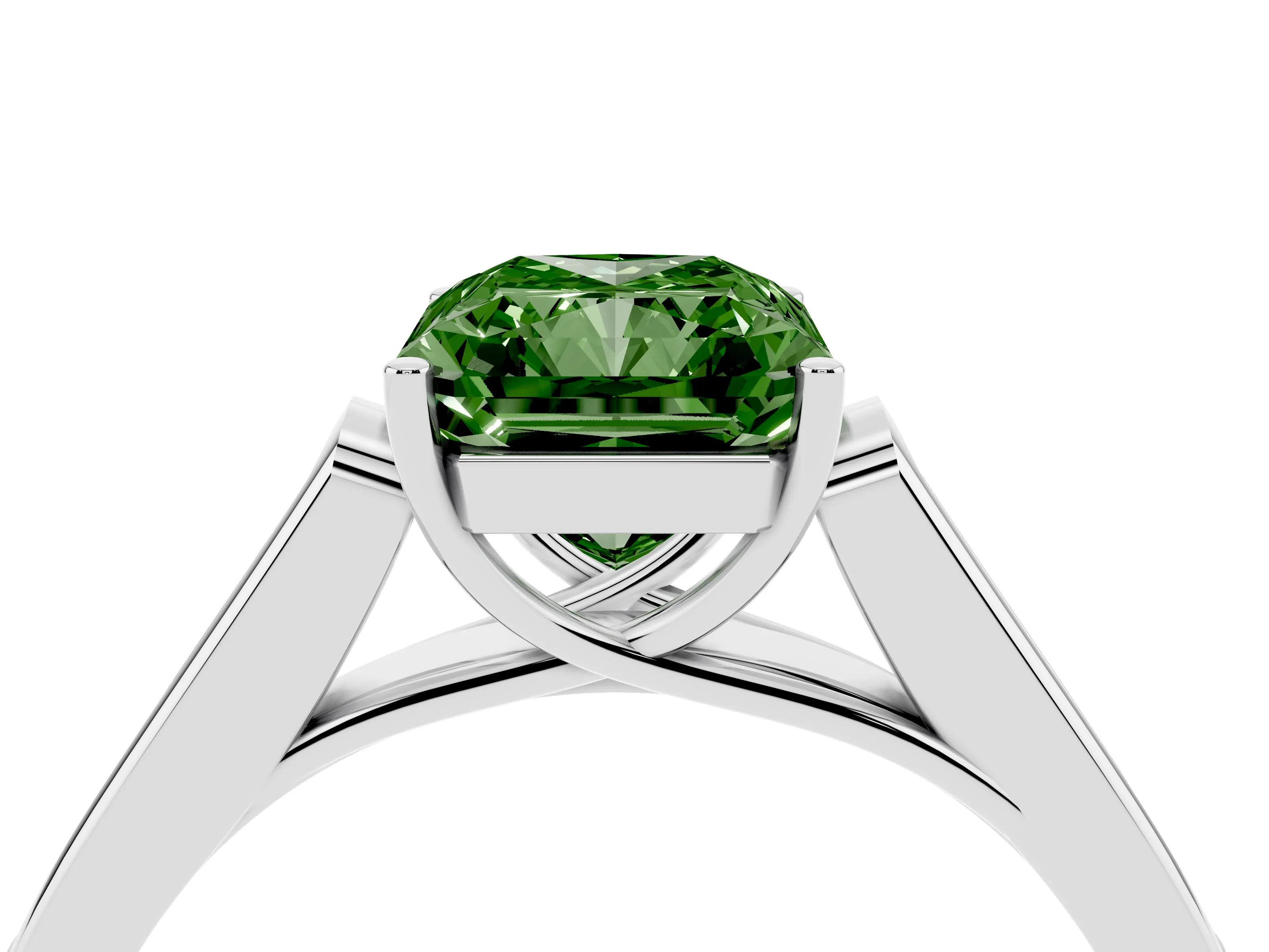 Fancy Green Radiant Cut Diamond Solitaire Cathedral Engagement Ring Set in Platinum with Channel-Set Band and Prong Setting