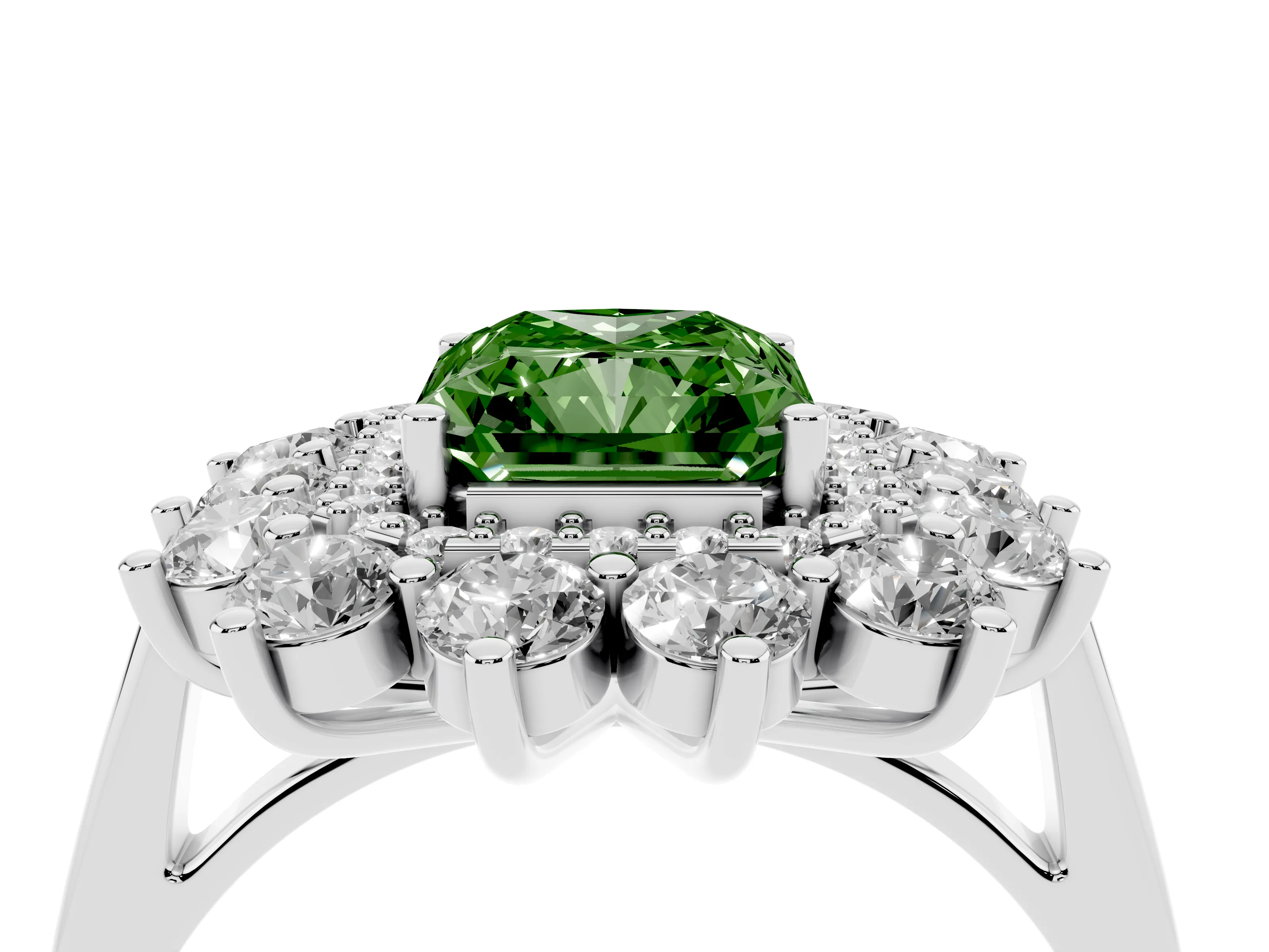 Fancy Green Radiant Cut Diamond Floral Double Halo Ring Set in Silver with Round Petals