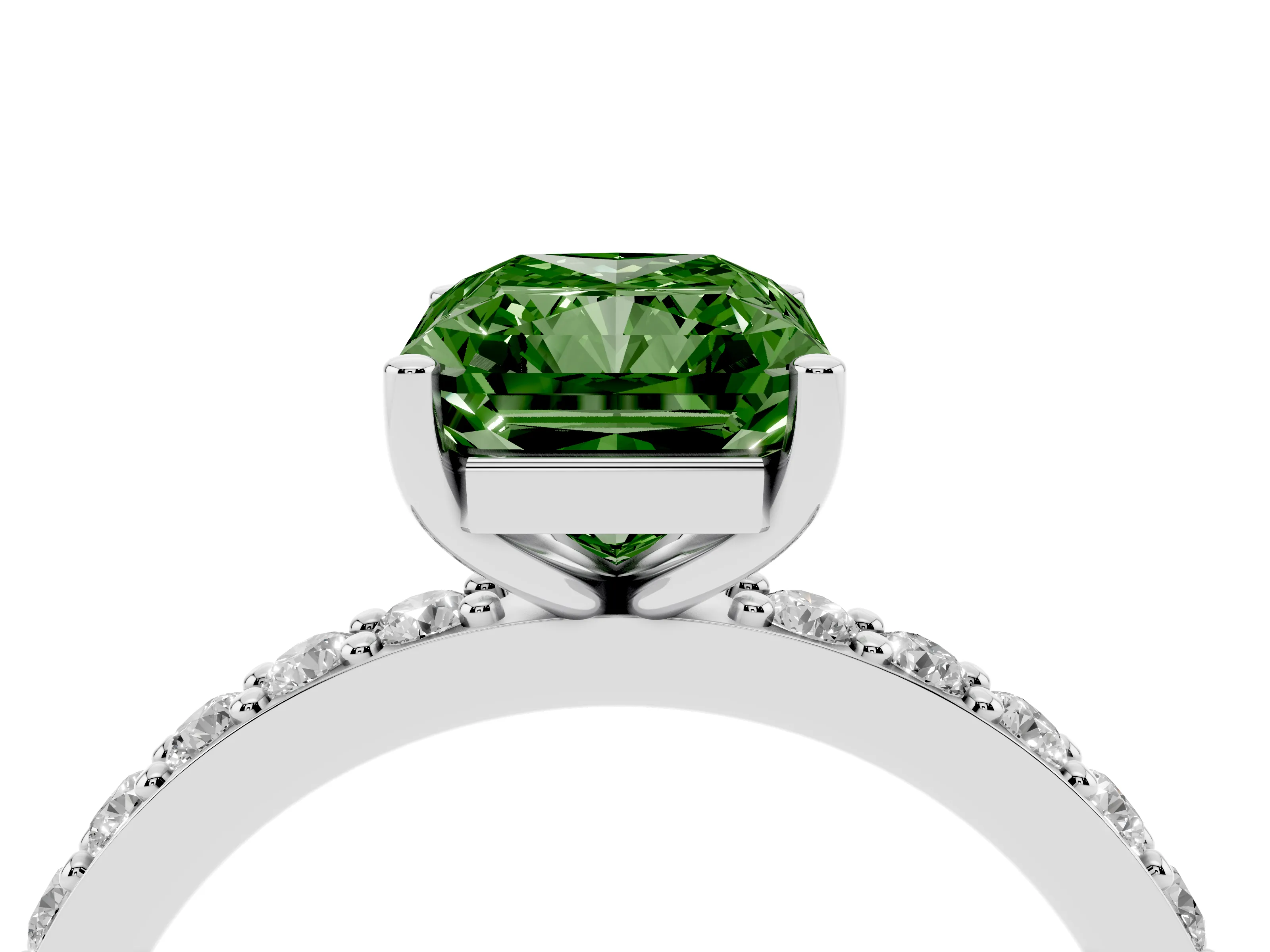 Fancy Green Radiant Cut Diamond Solitaire Set in Platinum with Round Pavé Band and Prong Setting