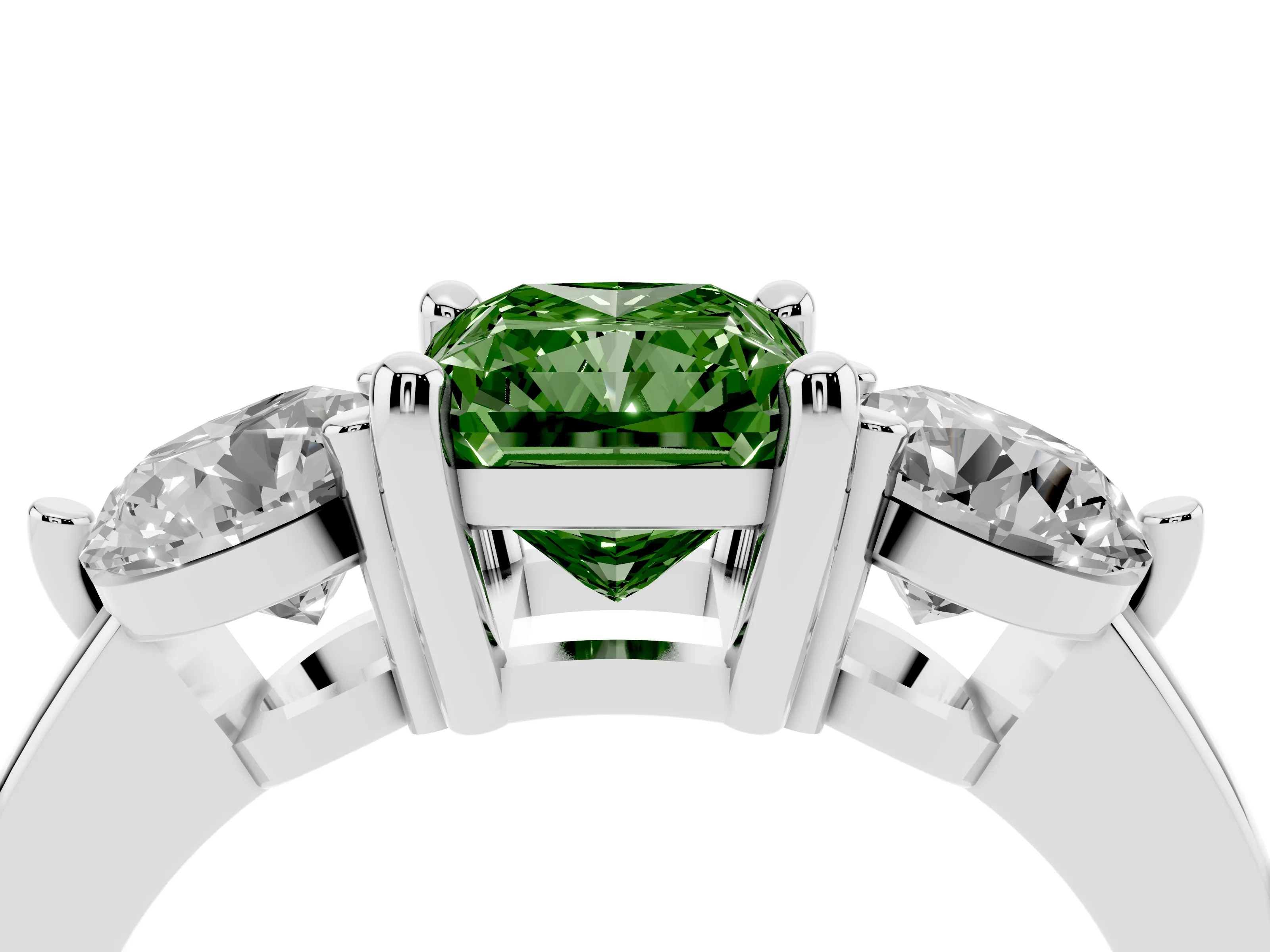 Fancy Green Radiant Cut Diamond Three-Stone Ring Set in Platinum with Prong Setting and Classic Band