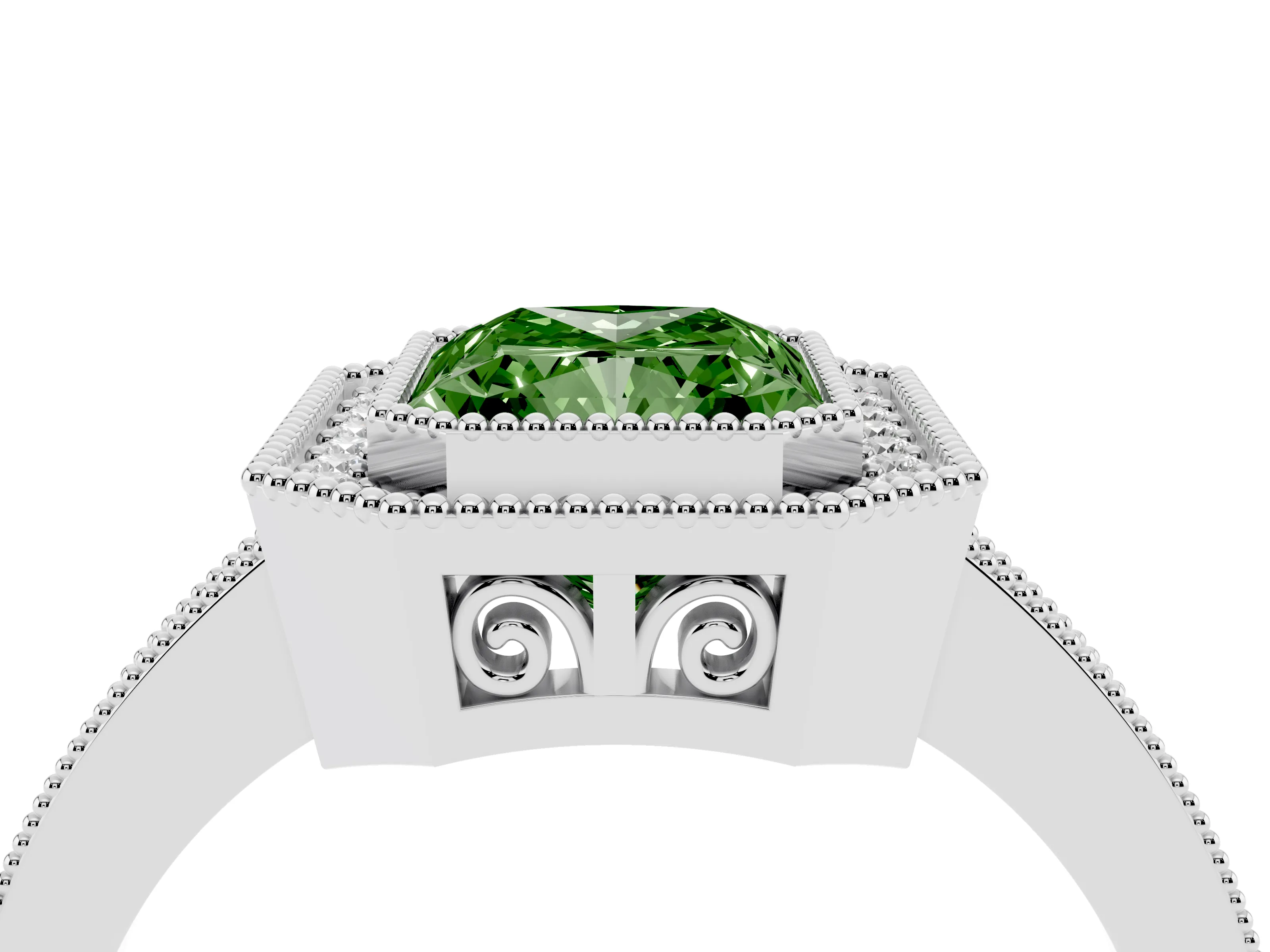 Fancy Green Radiant Cut Diamond Round Halo Ring Set in White gold with Pavé Band