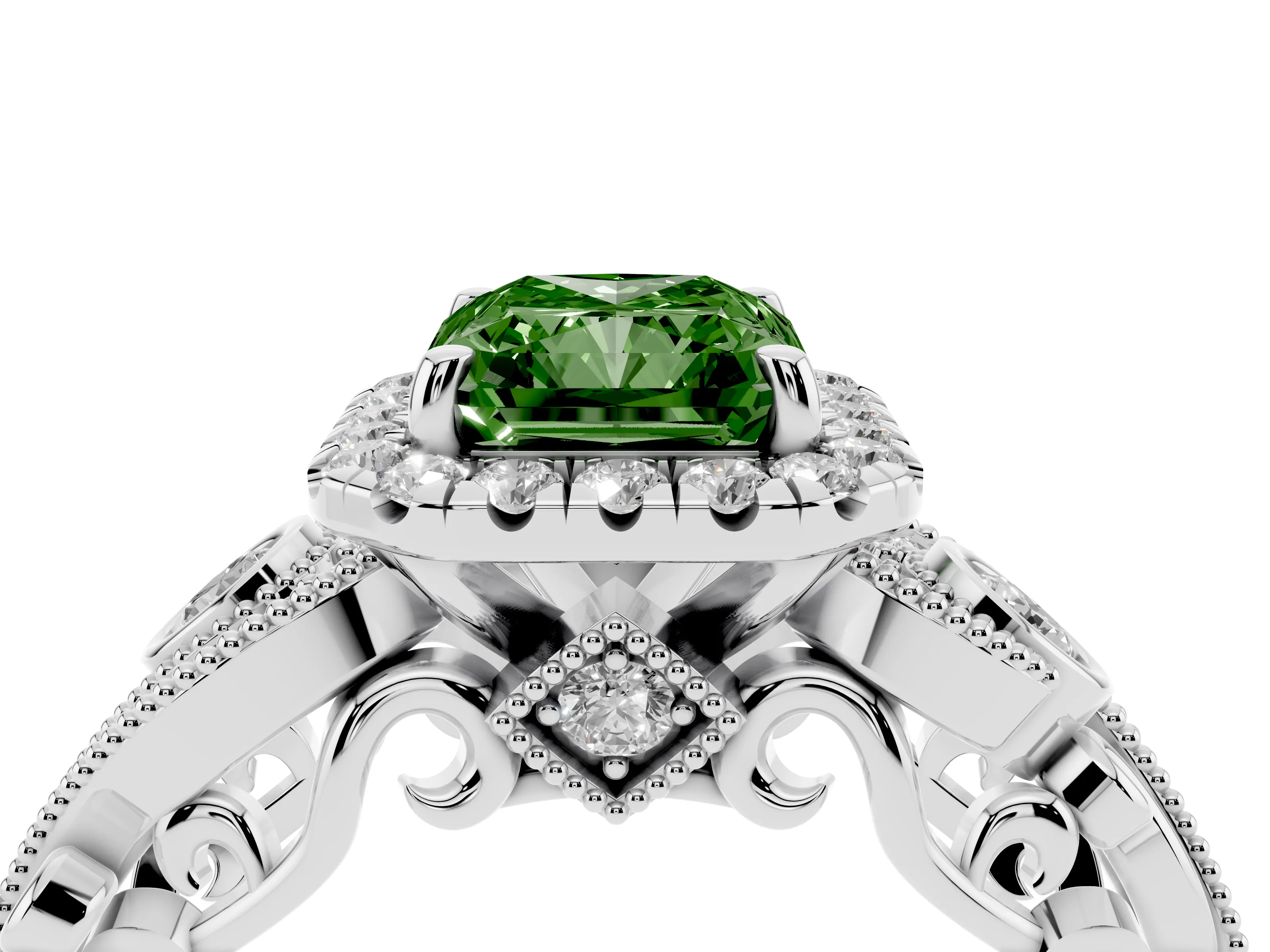 Fancy Green Radiant Cut Diamond Halo Ring Set in Silver with Milgrain Pavé Band and Prong Setting