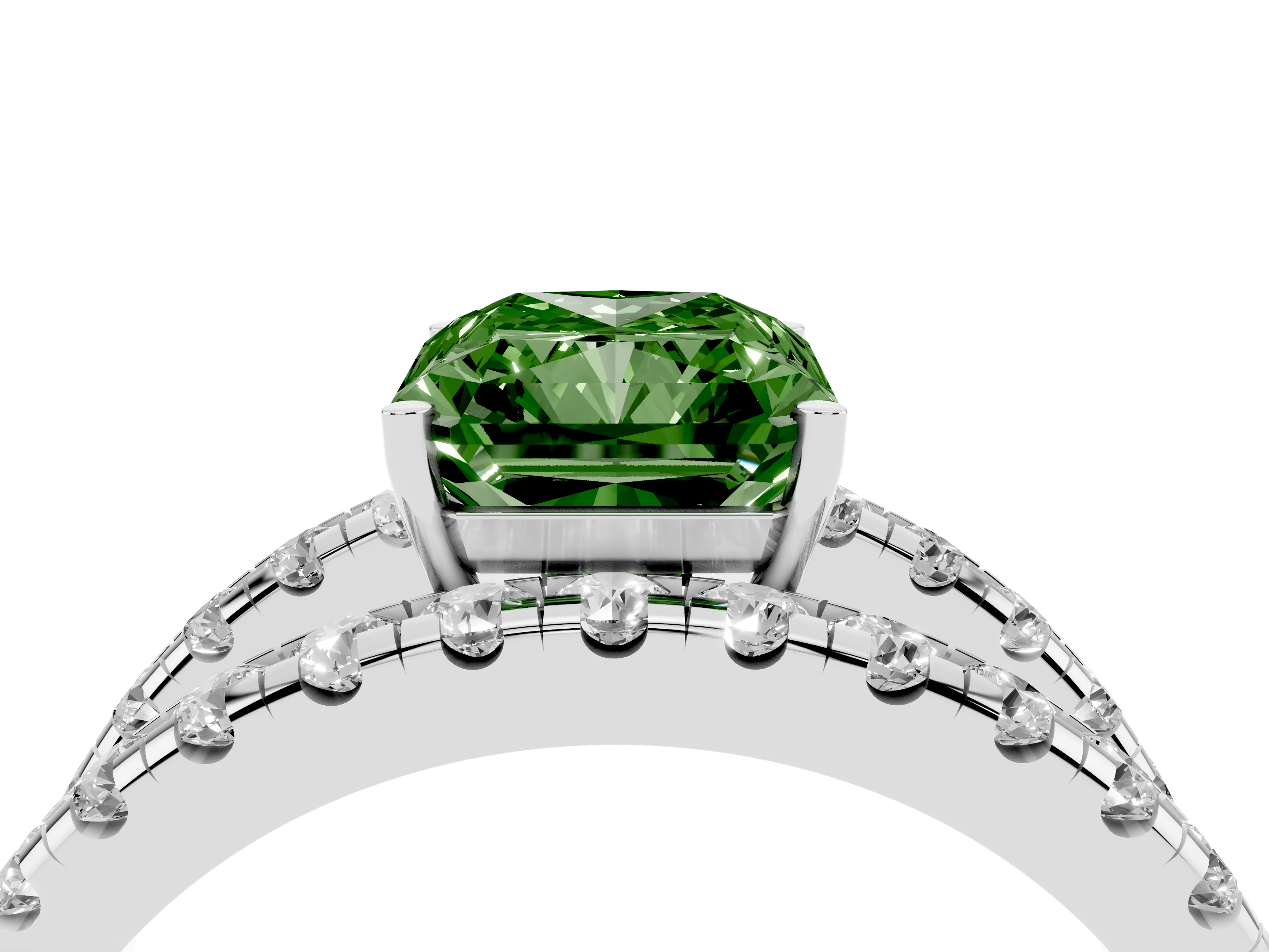 Fancy Green Radiant Cut Diamond Split Shank Pavé Solitaire Ring Set in Silver with Open Shank Design