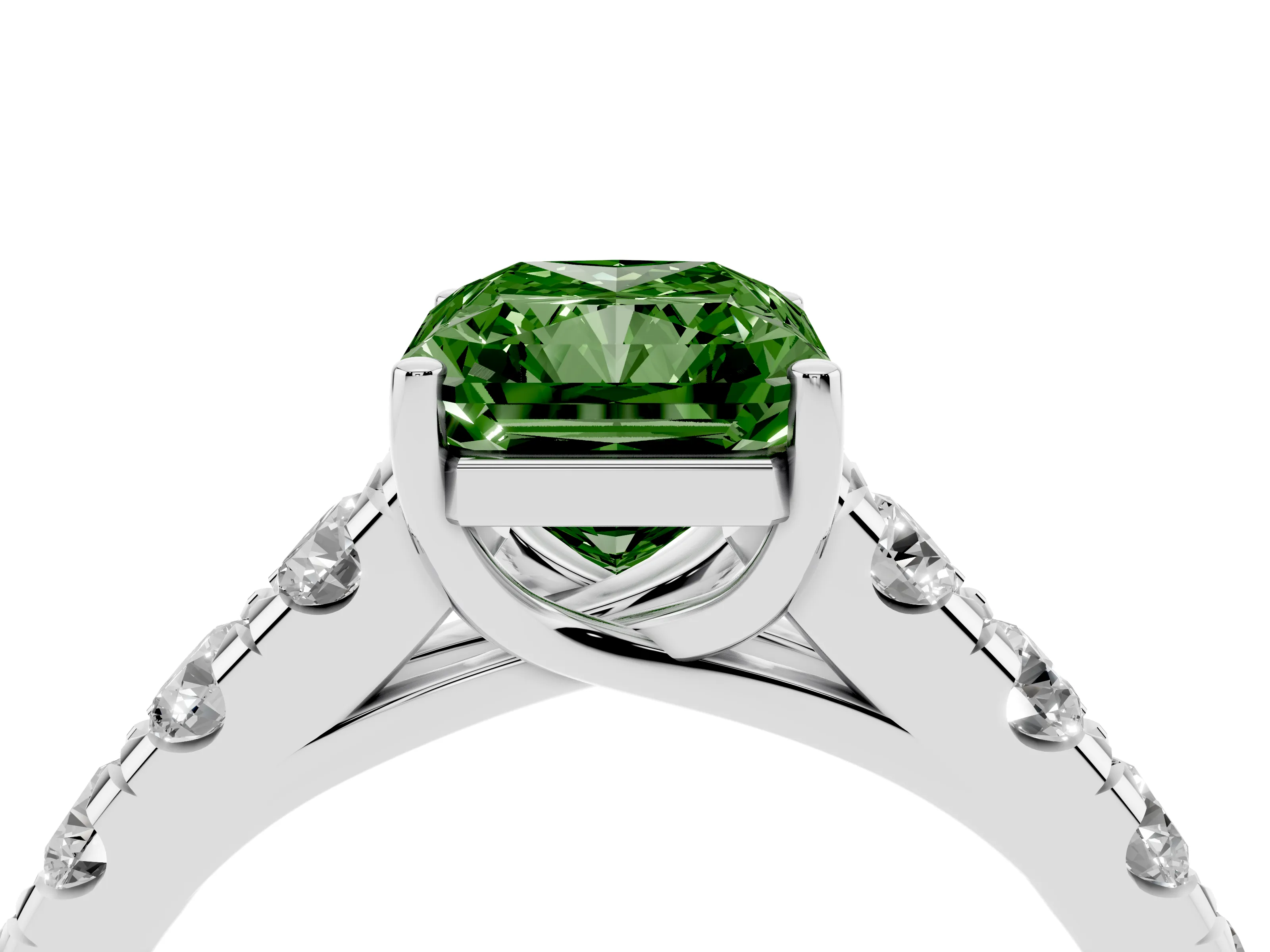 Fancy Green Radiant Cut Diamond Solitaire Ring Set in Silver with Cut-Down Micro Pavé Band and Prong Setting