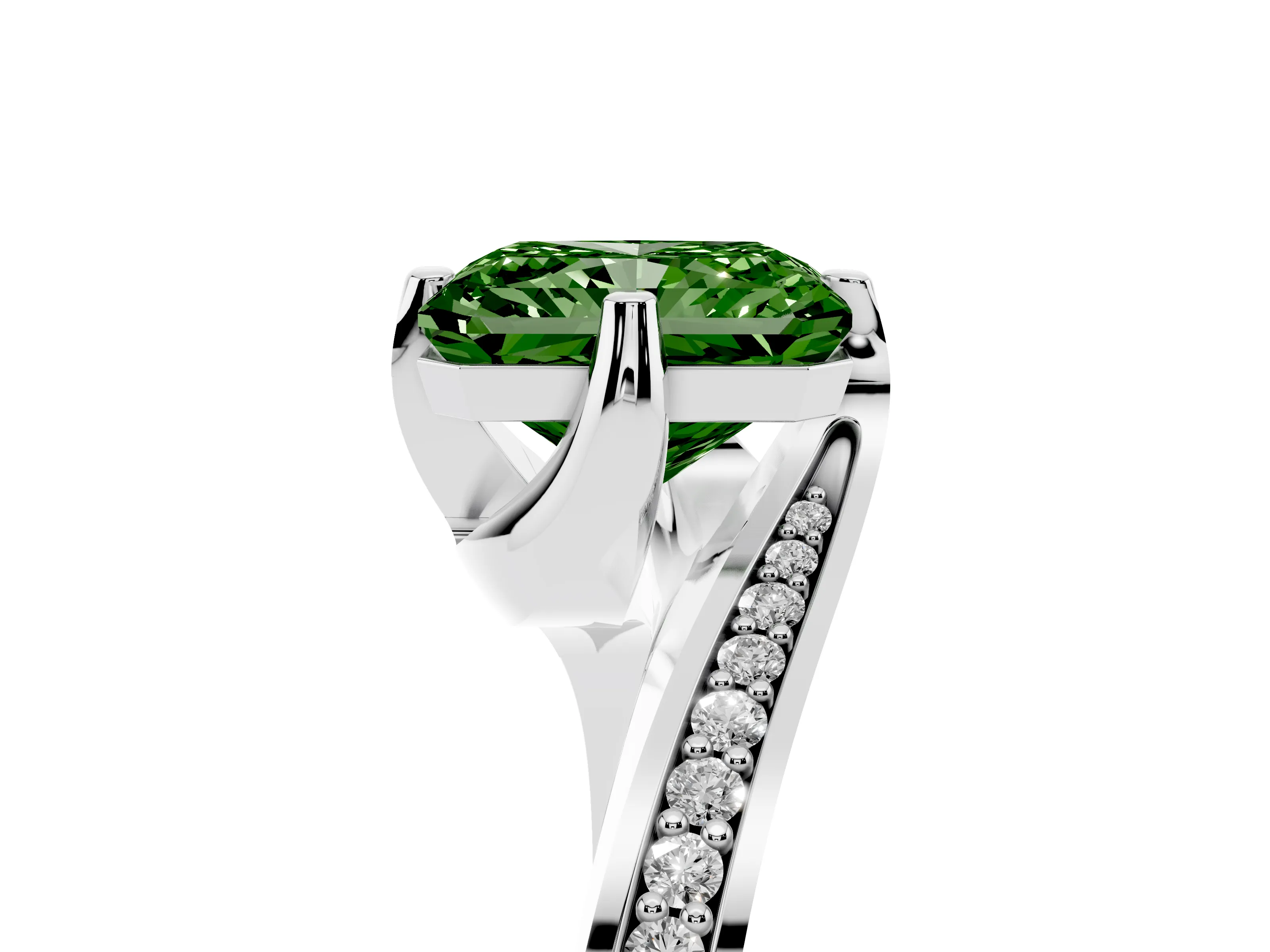 Fancy Green Radiant Cut Diamond Solitaire Ring Set in Platinum with Intertwined Pavé Twist Band