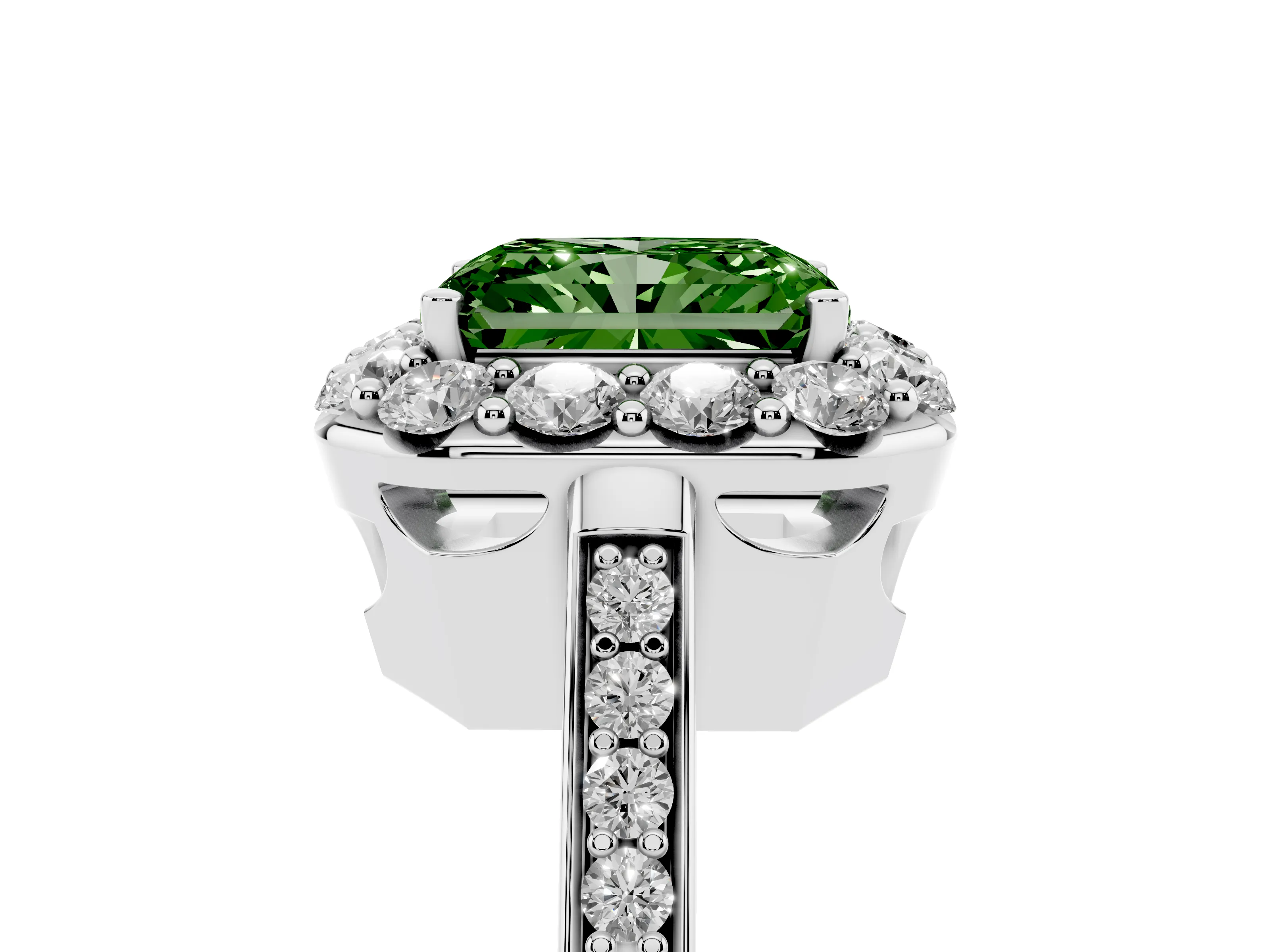 Fancy Green Radiant Cut Diamond Floral Halo Ring Set in Platinum with Pavé Band and Prong Setting