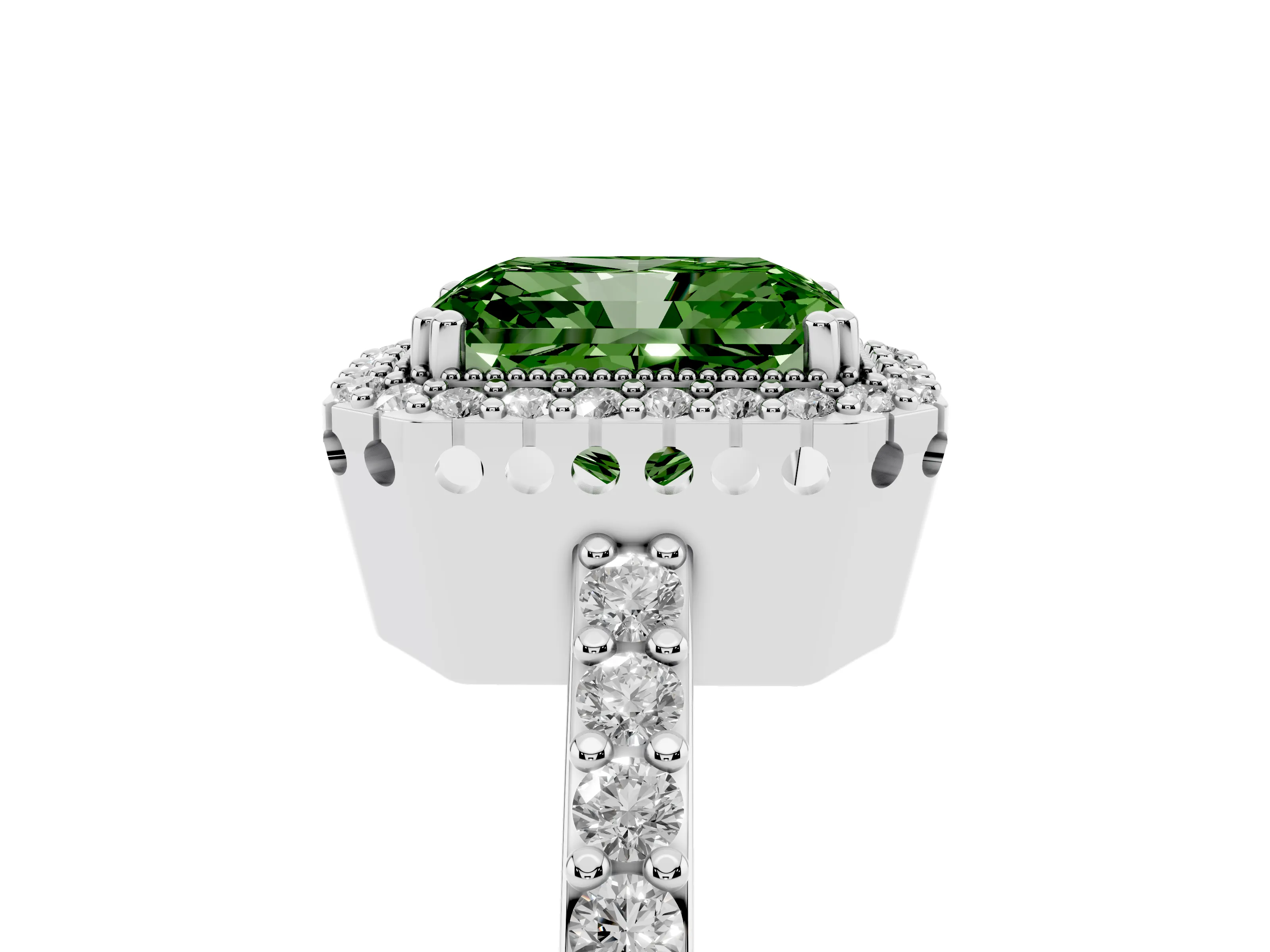 Fancy Green Radiant Cut Diamond Halo Engagement Ring Set in Silver with Milgrain Detail and Pavé Band