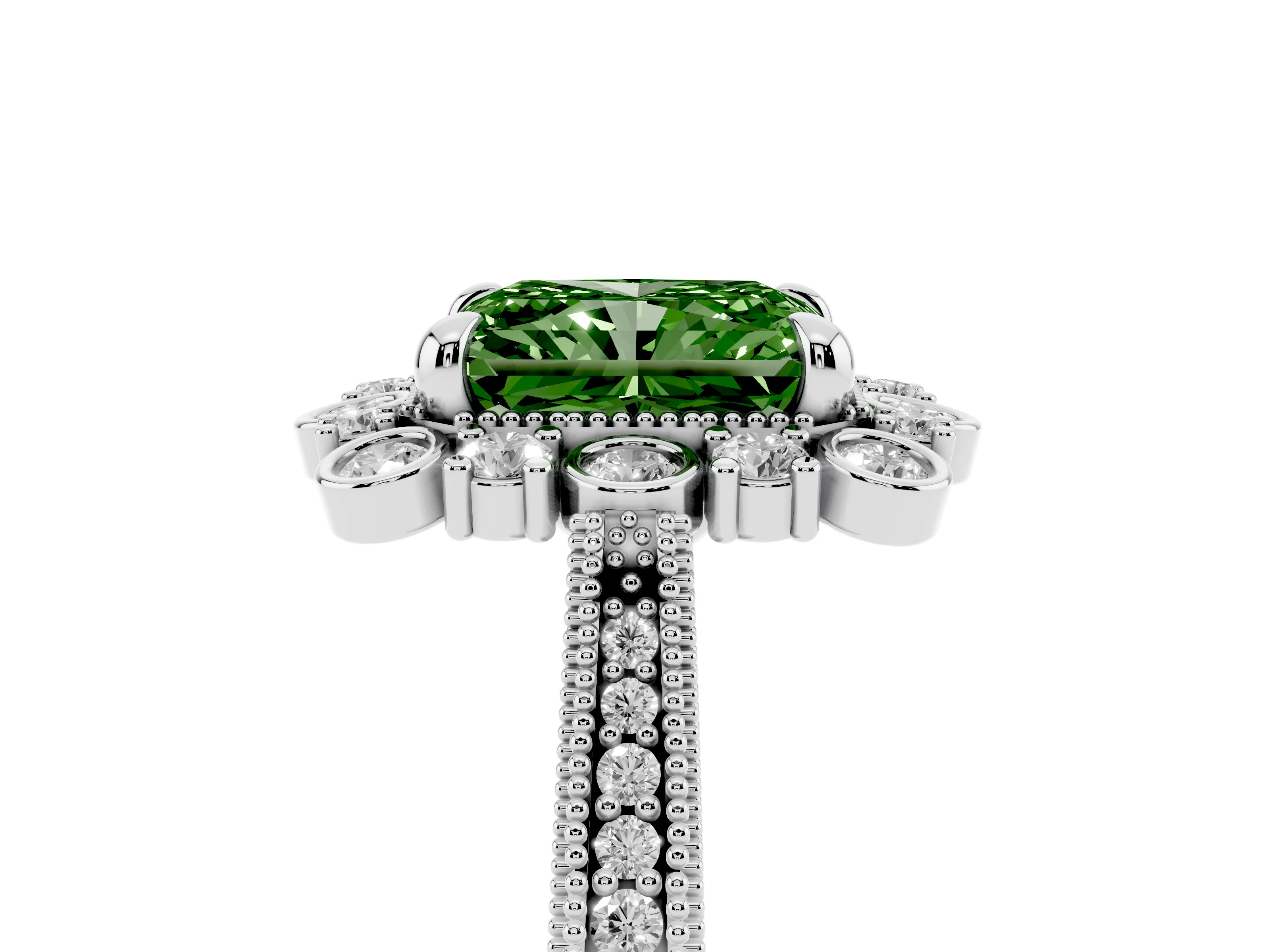 Fancy Green Radiant Cut Diamond Halo Milgrain Pavé Ring Set in Silver with Prong Setting