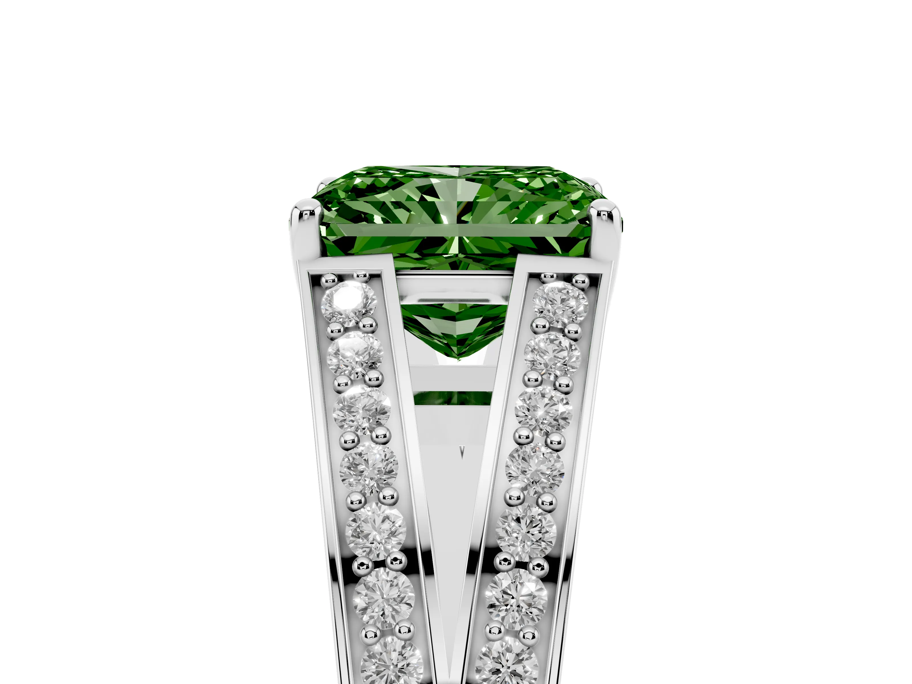 Fancy Green Radiant Cut Diamond Split Shank Ring Set in Platinum with Pavé Band and Prong Setting
