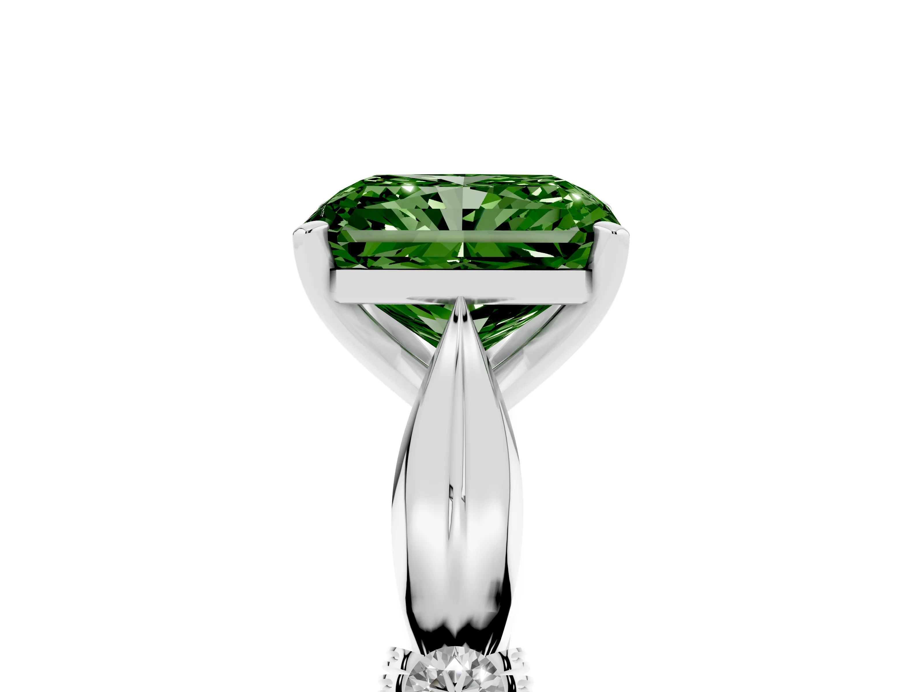 Fancy Green Radiant Cut Diamond Solitaire Twisted Band Ring Set in Silver with Accent Stones and Prong Setting