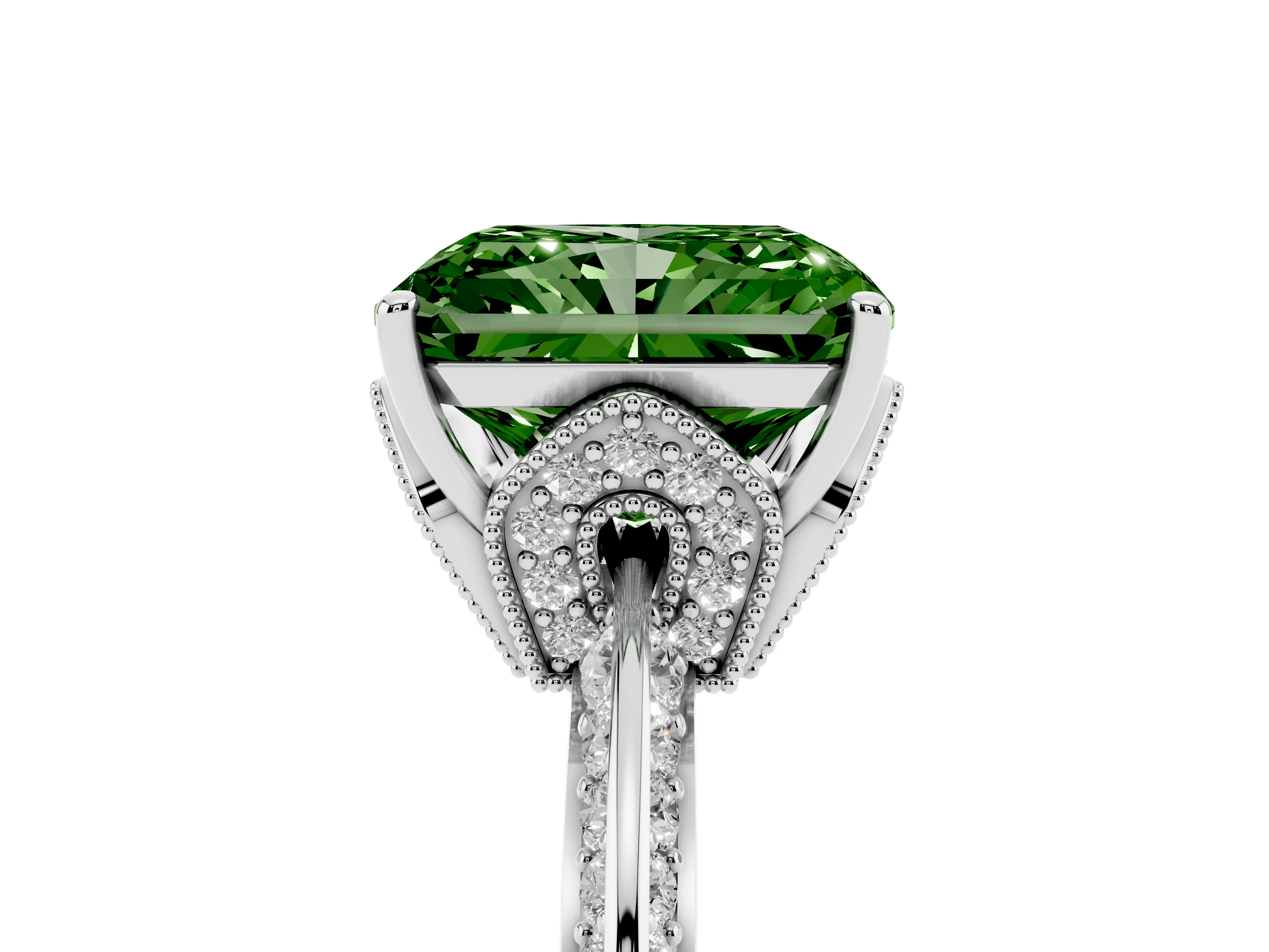 Fancy Green Radiant Cut Diamond Solitaire Engagement Ring Set in Silver with Pavé Split Shank and Prong Setting
