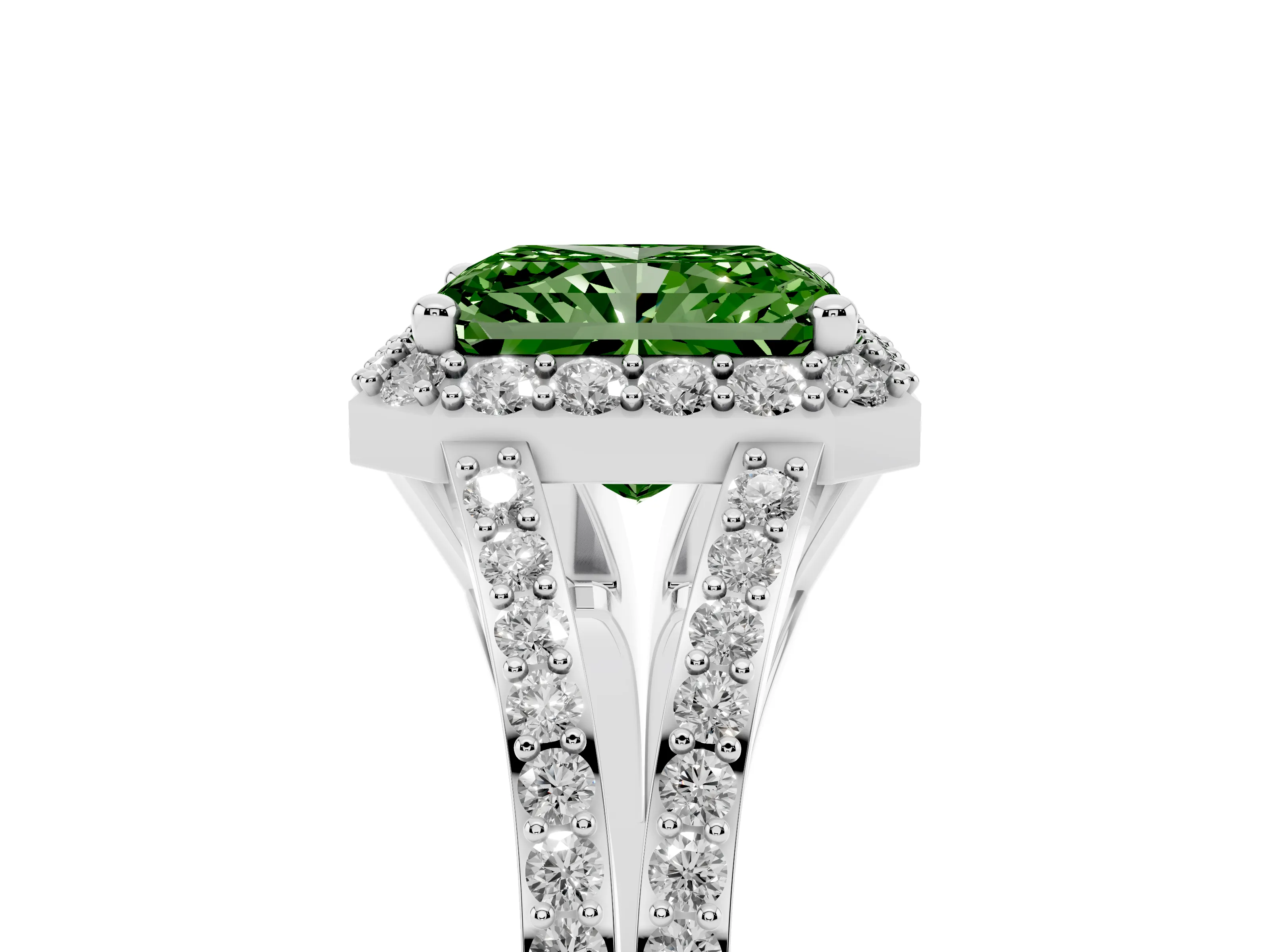 Fancy Green Radiant Cut Diamond Halo Split Shank Pavé Ring Set in Platinum with Prong Setting