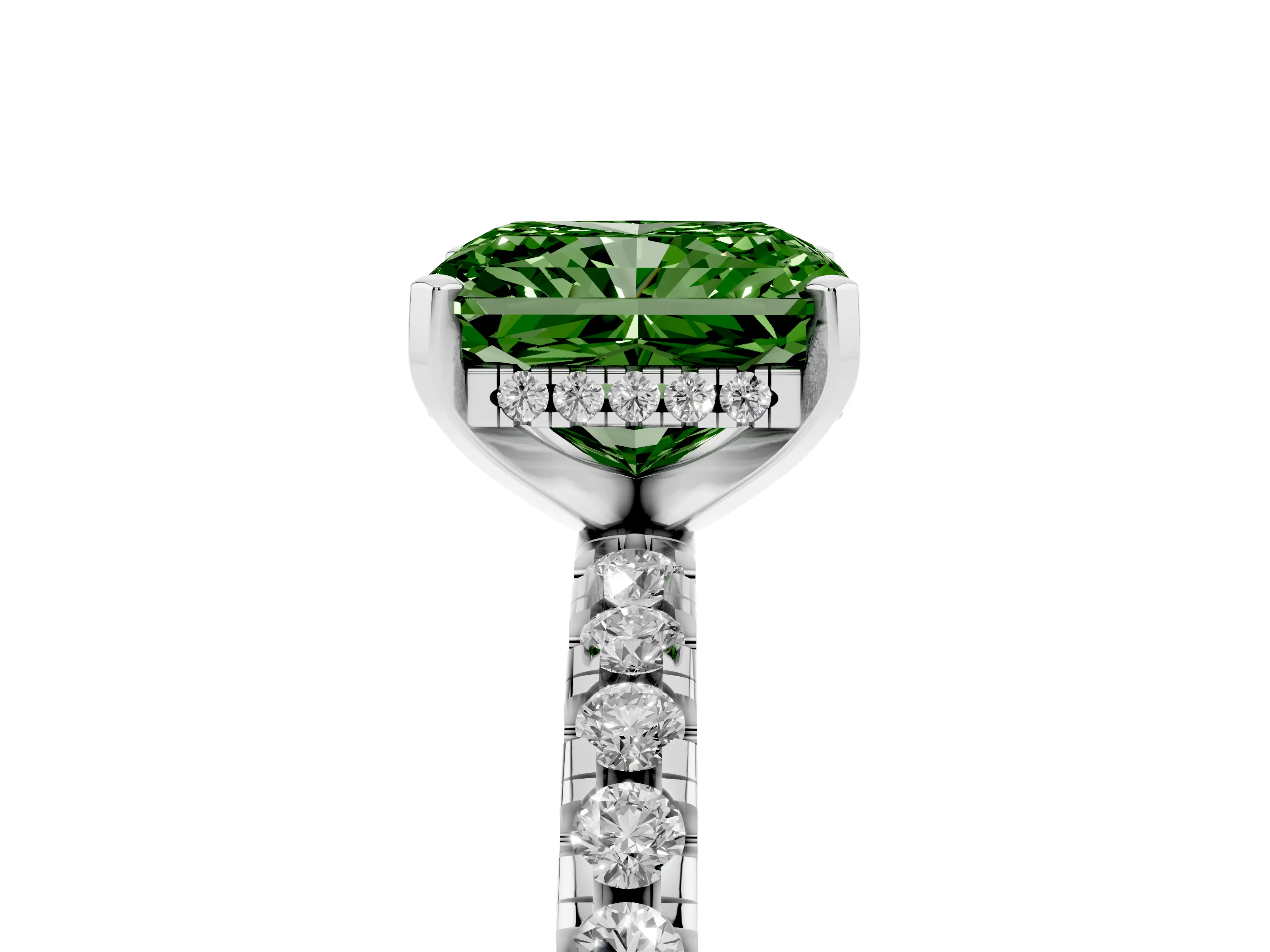 Fancy Green Radiant Cut Diamond Pavé Solitaire Ring Set in White gold with Round Band Accents and Prong Setting