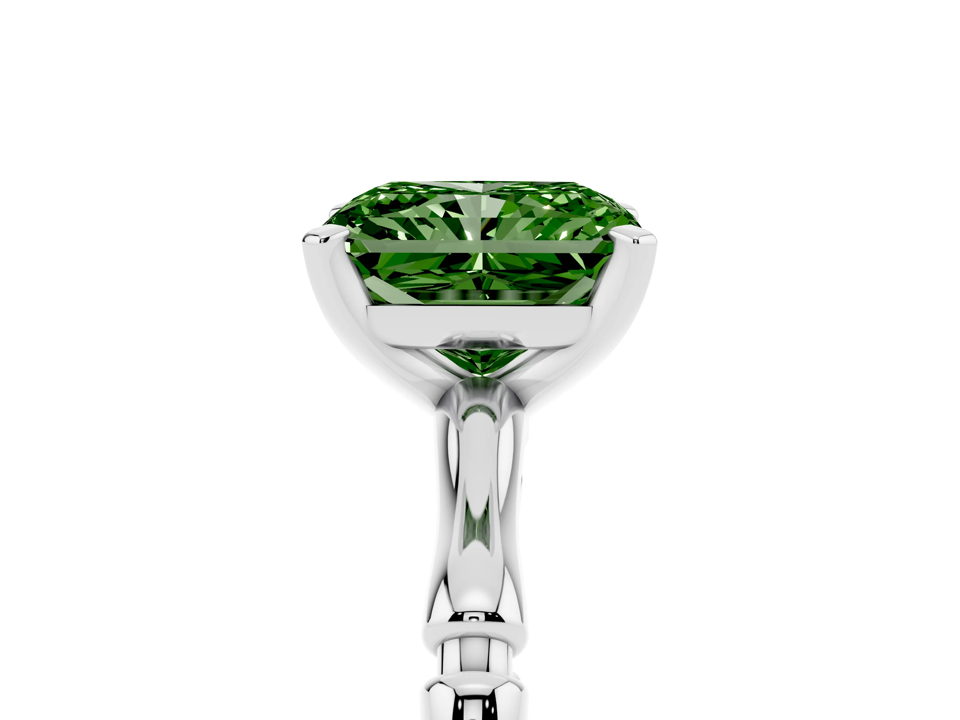 Fancy Green Radiant Cut Diamond Solitaire Ring Set in Silver with Bamboo Band and Prong Setting