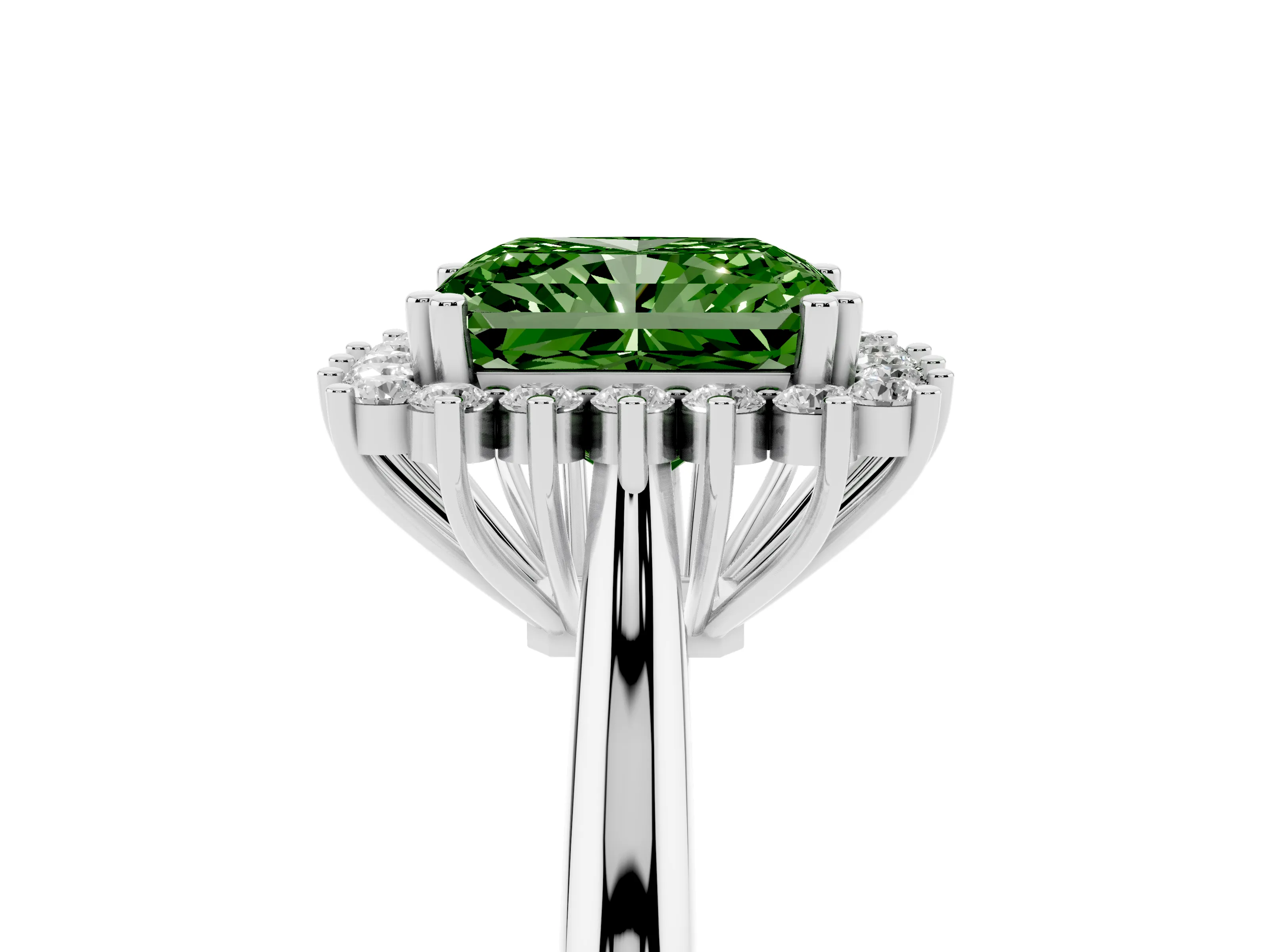 Fancy Green Radiant Cut Diamond Halo Ring Set in Silver with Plain Solitaire Band and Prong Setting