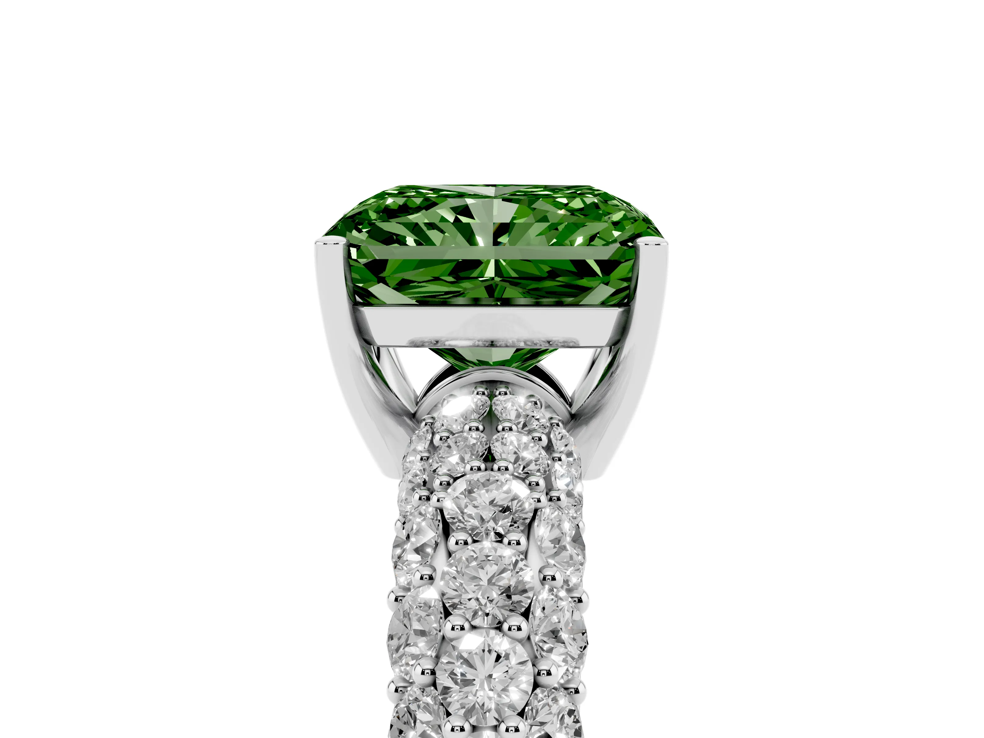 Fancy Green Radiant Cut Diamond Pavé Band Solitaire Ring Set in White gold with Close-Set Accent Stones and Prong Setting