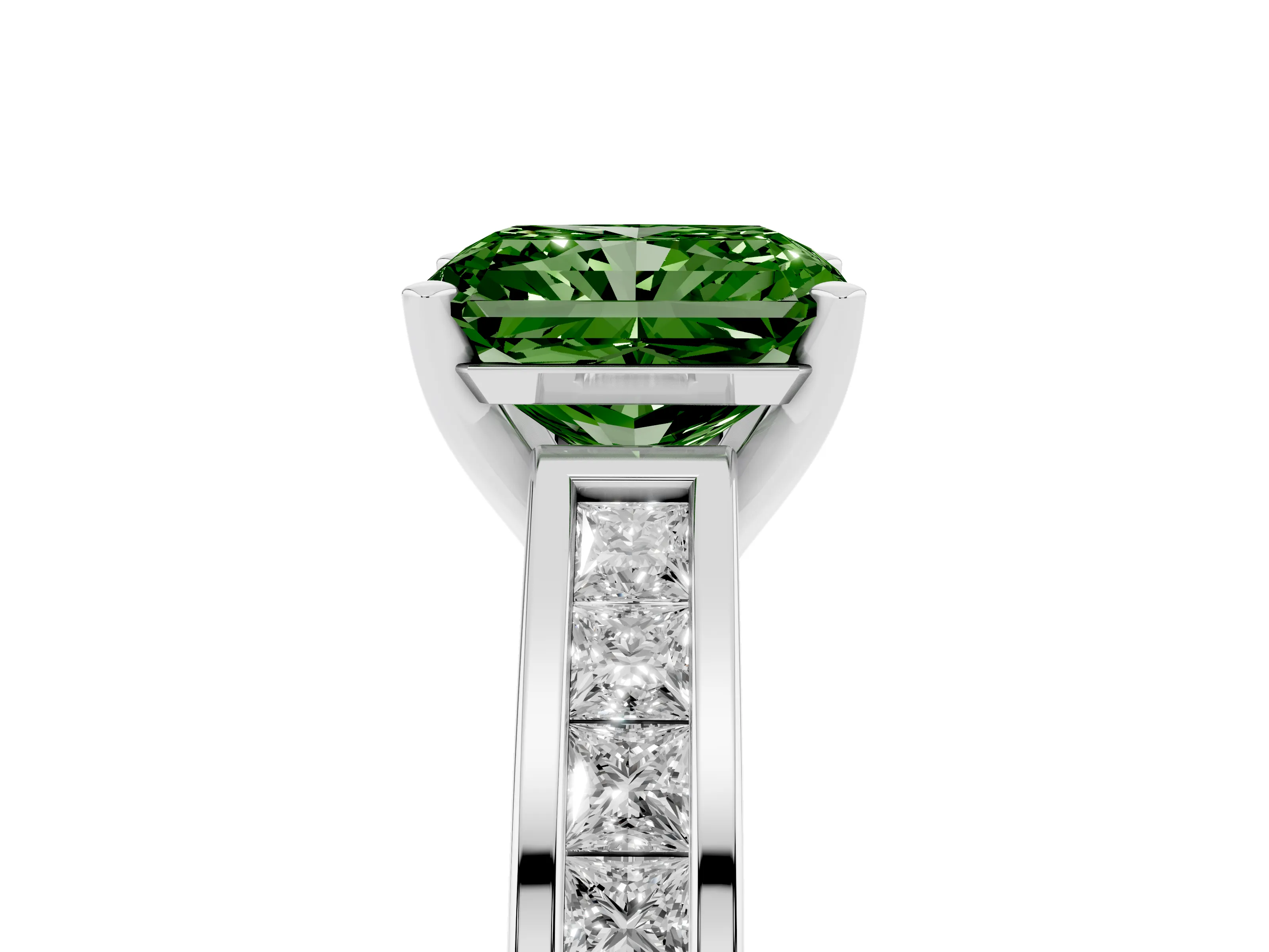 Fancy Green Radiant Cut Diamond Solitaire Ring Set in White gold with Channel-Set Band and Prong Setting