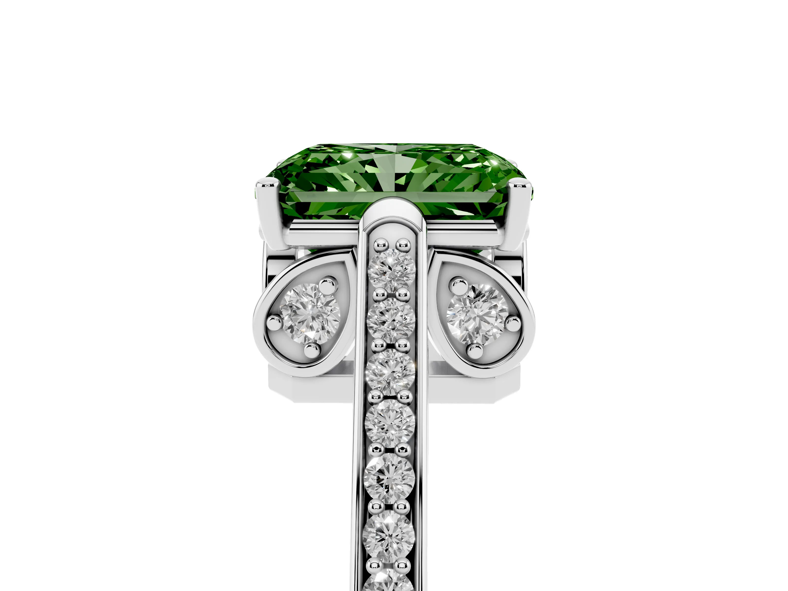 Fancy Green Radiant Cut Diamond Cathedral Pavé Engagement Ring Set in Platinum with Prong Setting