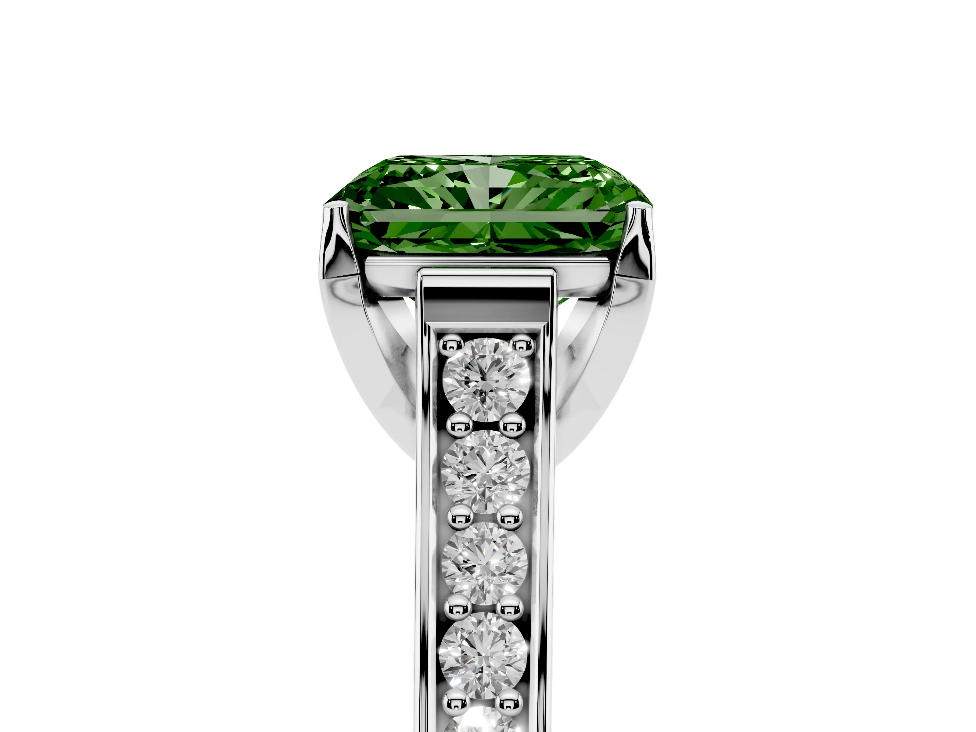 Fancy Green Radiant Cut Diamond Solitaire Pavé Engagement Ring Set in White gold with Prong Setting