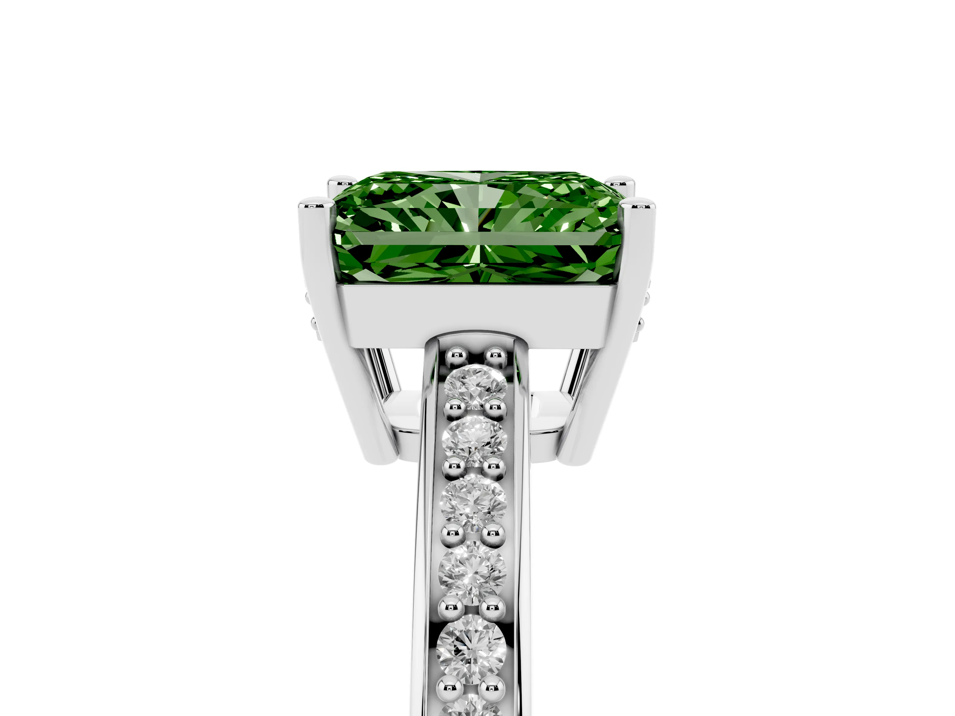 Fancy Green Radiant Cut Diamond Pavé Band Prong Set Solitaire Ring Set in Silver