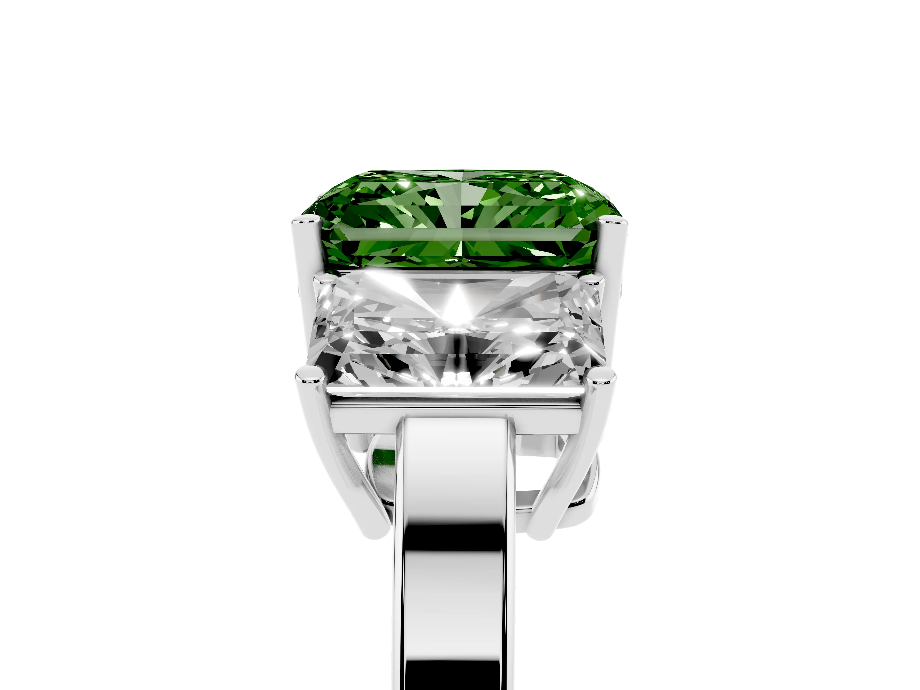 Fancy Green Radiant Cut Diamond Three-Stone Engagement Ring Set in White gold with Flat Band