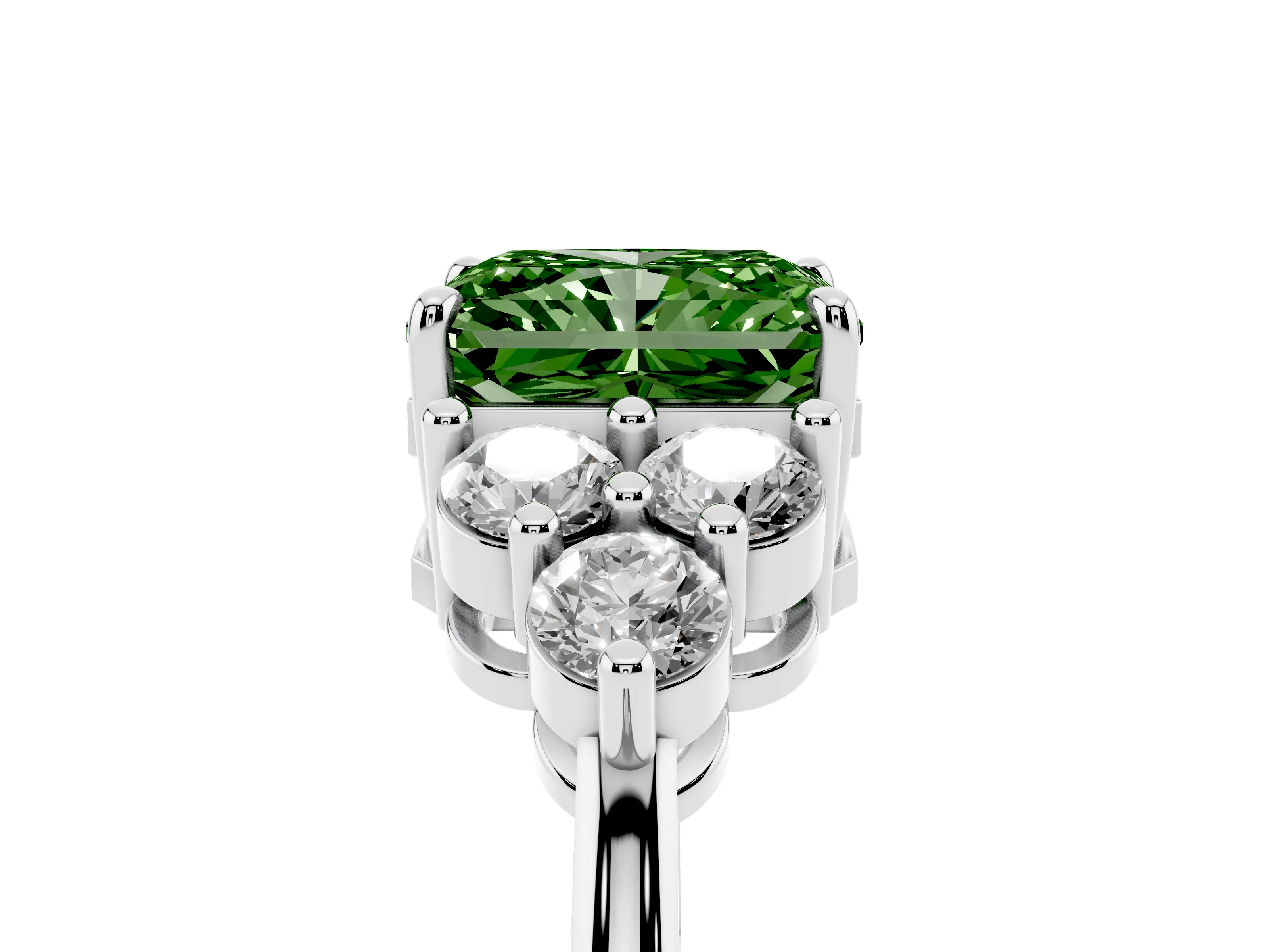 Fancy Green Radiant Cut Diamond Solitaire Ring Set in White gold with Cluster Accents on Each Side