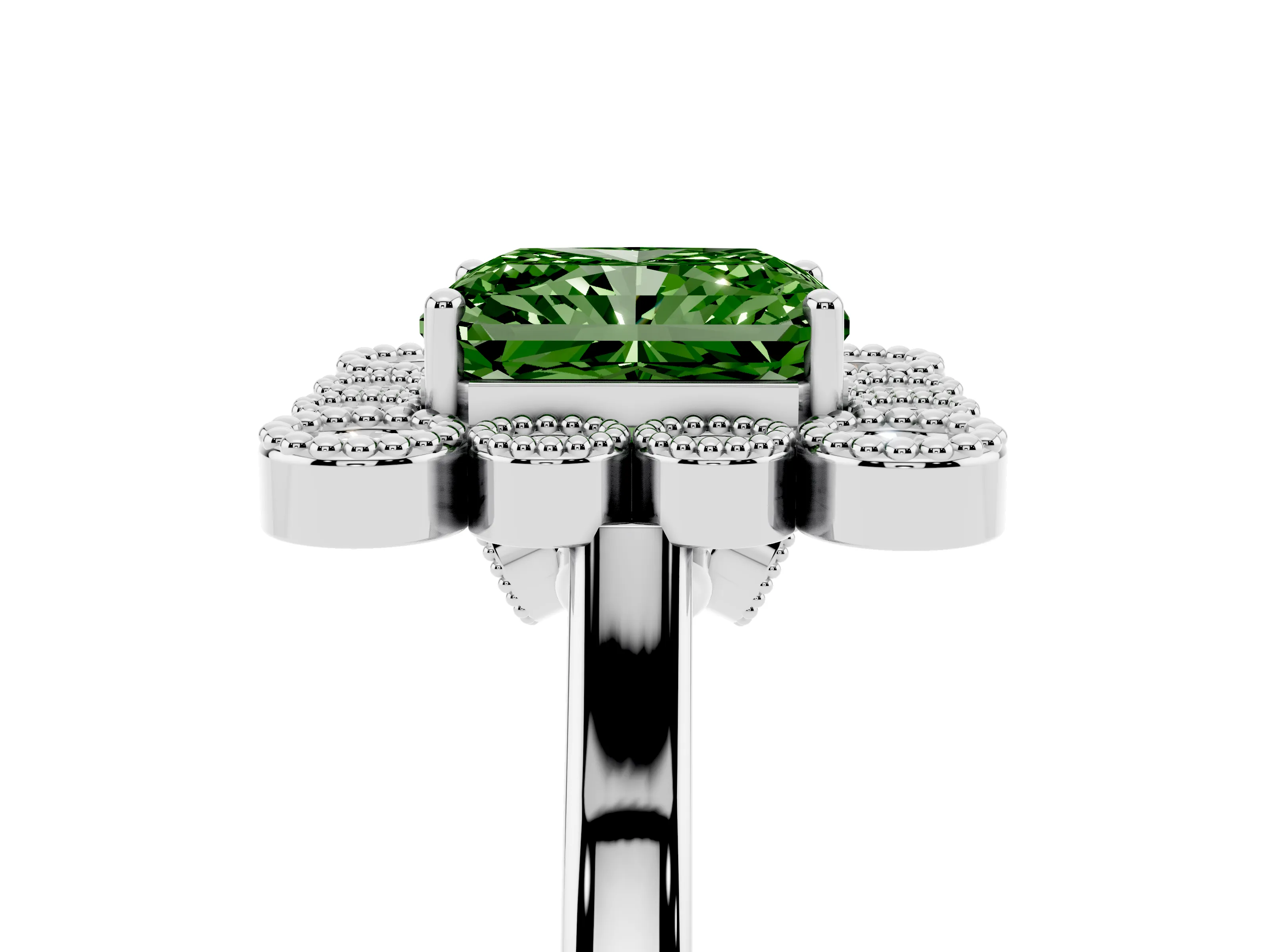 Fancy Green Radiant Cut Diamond Cluster Halo Ring Set in White gold with Milgrain Bezel Accents and Plain Band