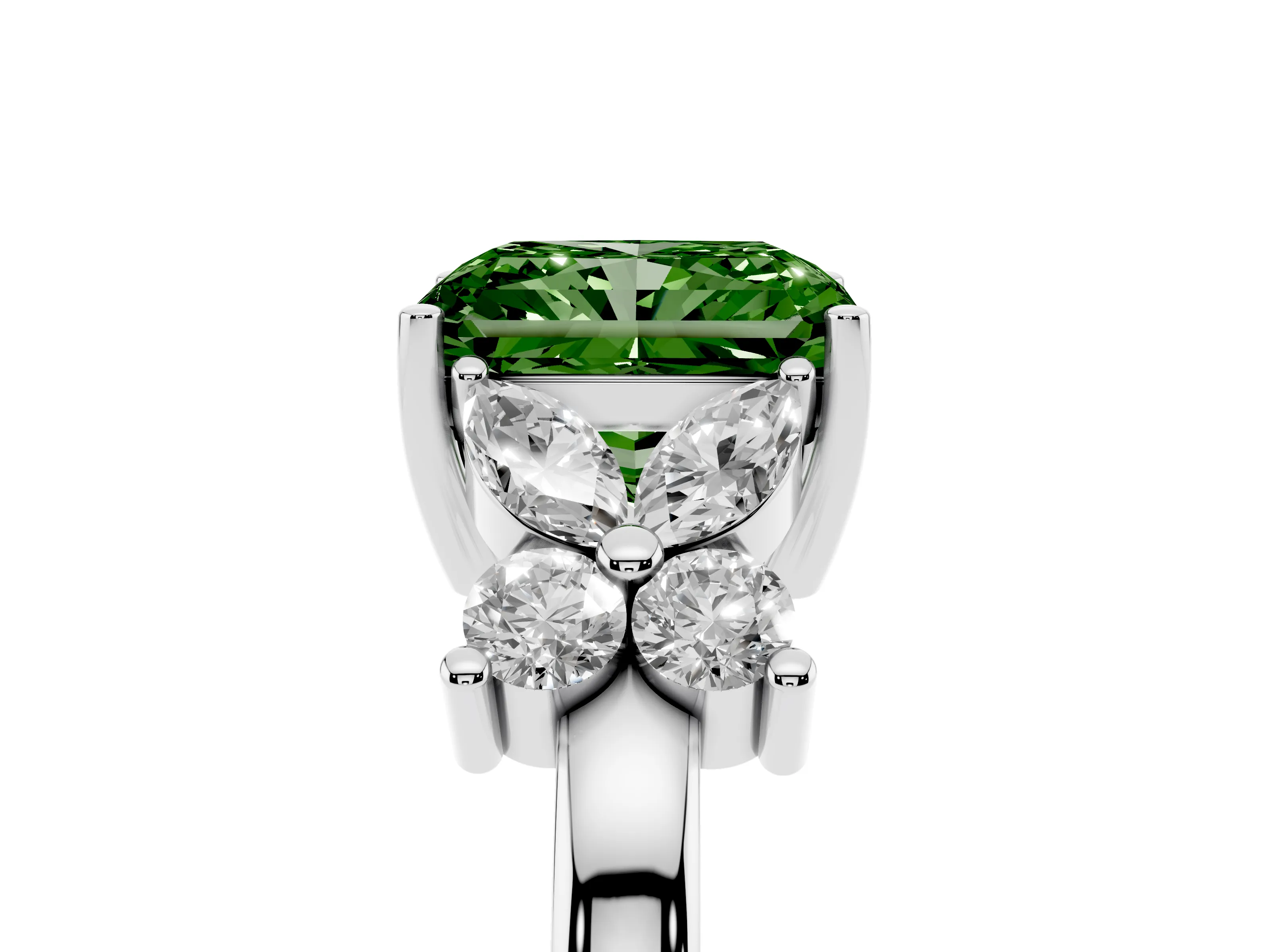 Fancy Green Radiant Cut Diamond Floral Cluster Ring Set in Silver with Marquise Petals and Prong Setting