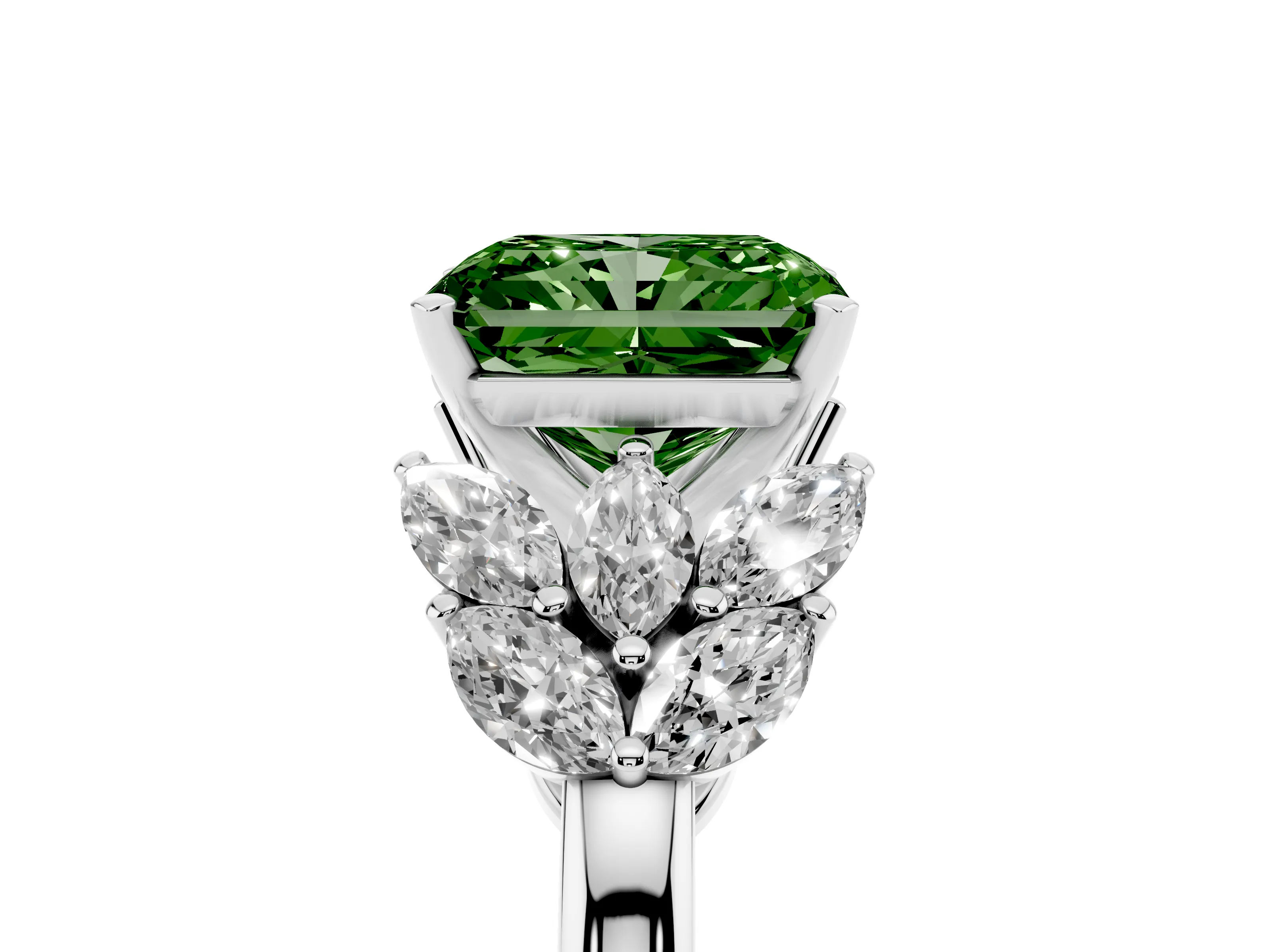 Fancy Green Radiant Cut Diamond Cluster Leaf Design Ring Set in White gold with Prong Setting