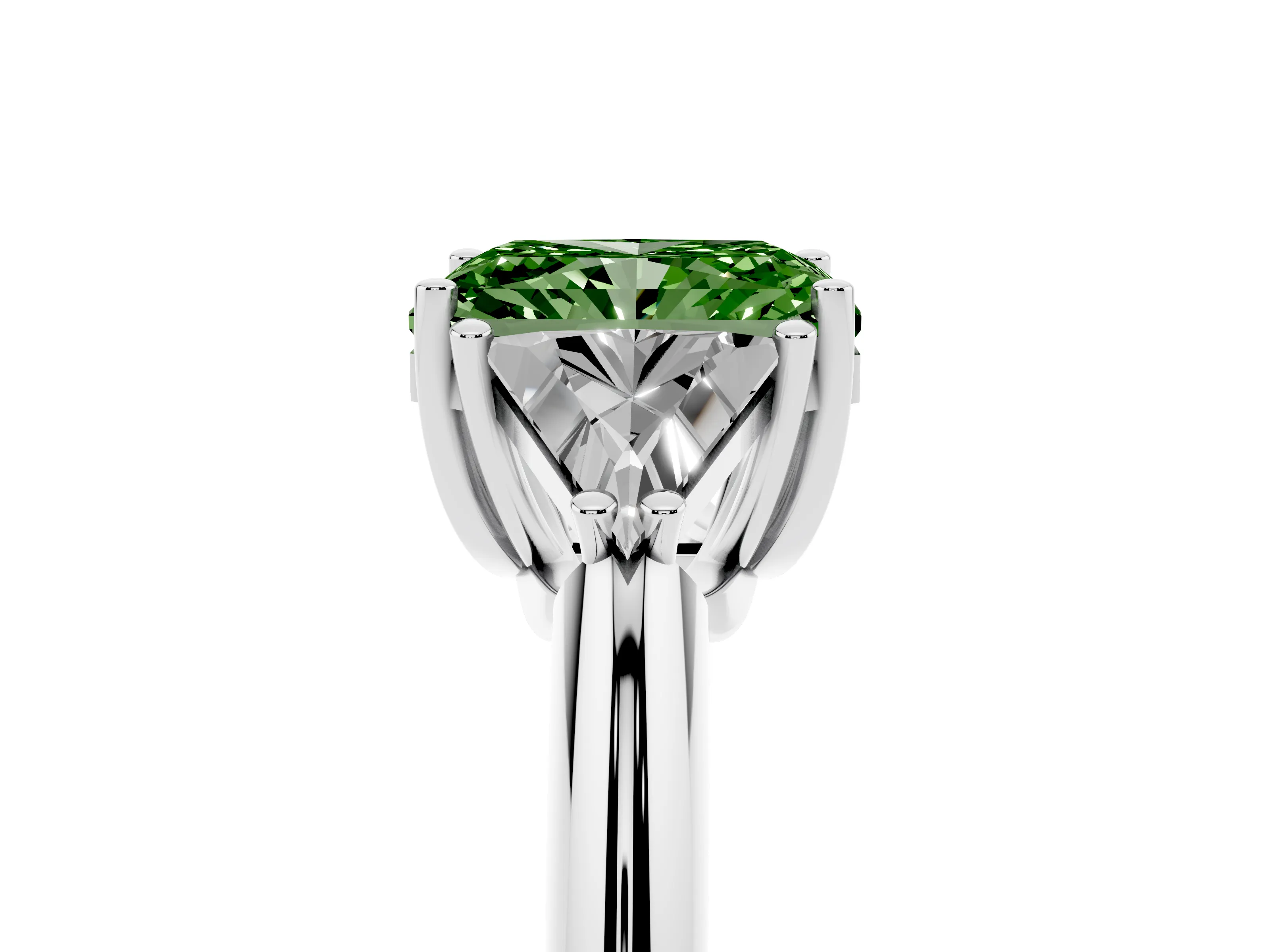 Fancy Green Radiant Cut Diamond Three-Stone Engagement Ring Set in Platinum with Trillion Side Stones