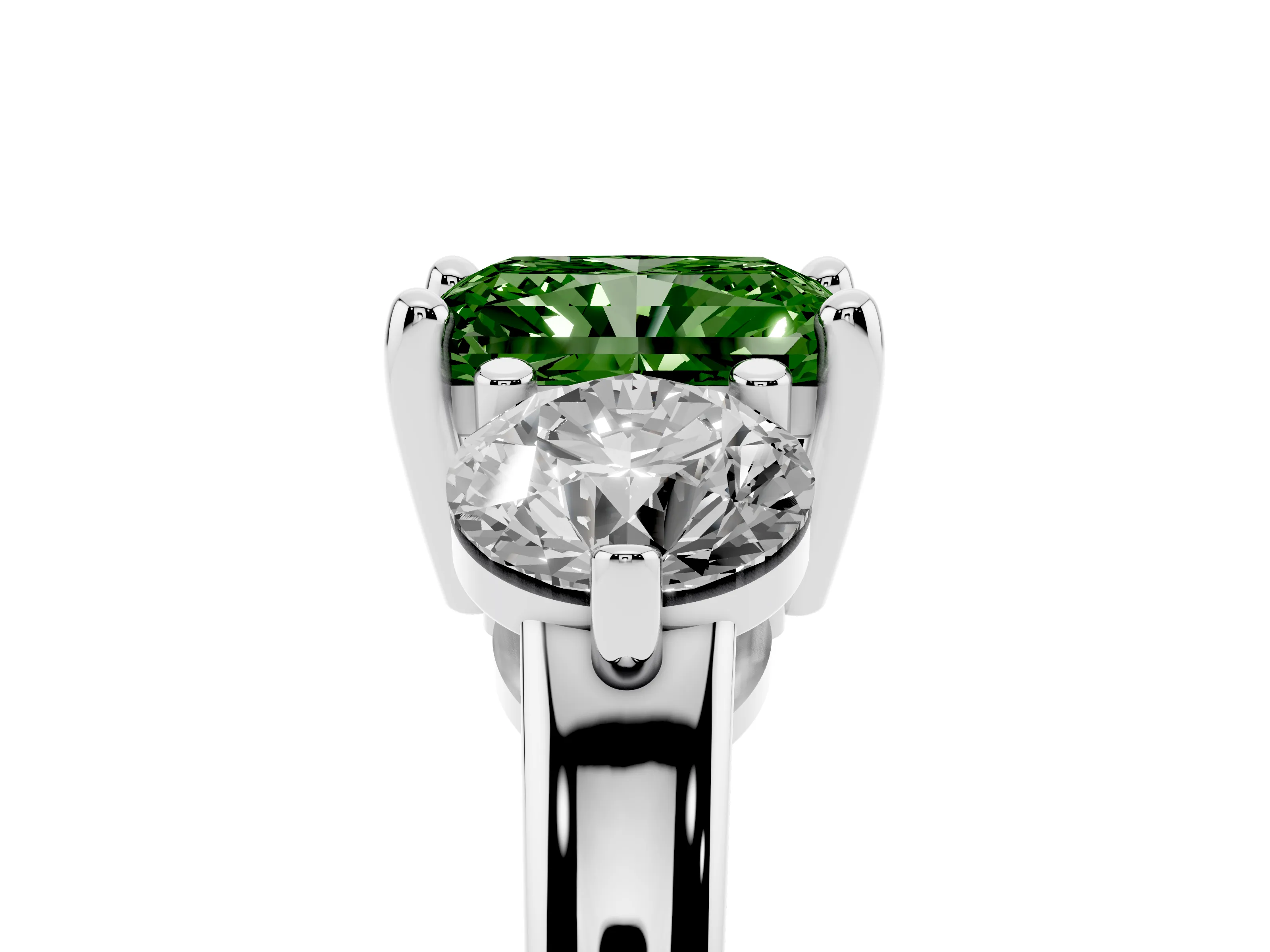 Fancy Green Radiant Cut Diamond Three-Stone Ring Set in Platinum with Prong Setting and Classic Band
