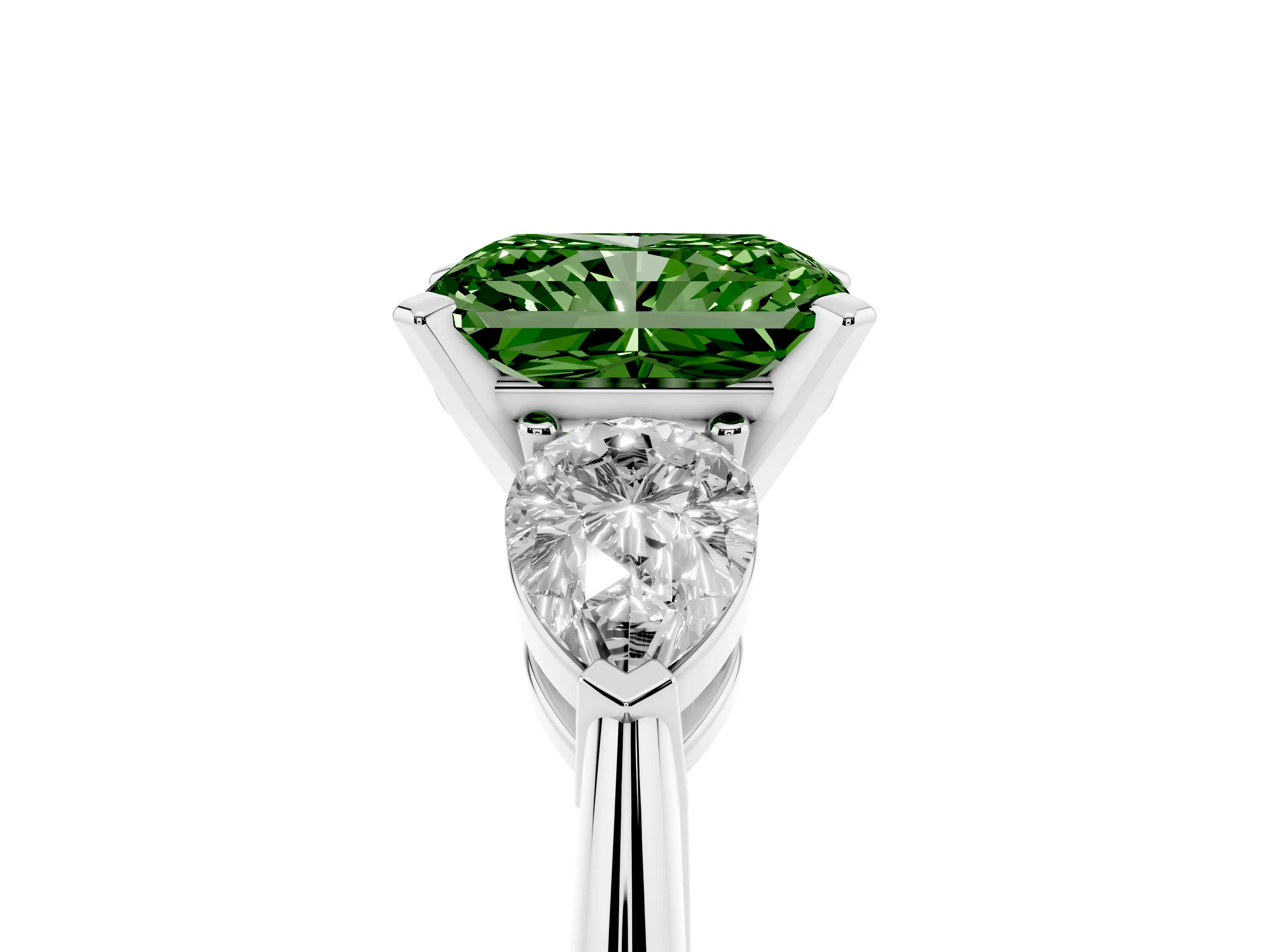 Fancy Green Three-Stone Radiant Cut Diamond Ring Set in Platinum with Pear Side Stones and Prong Setting