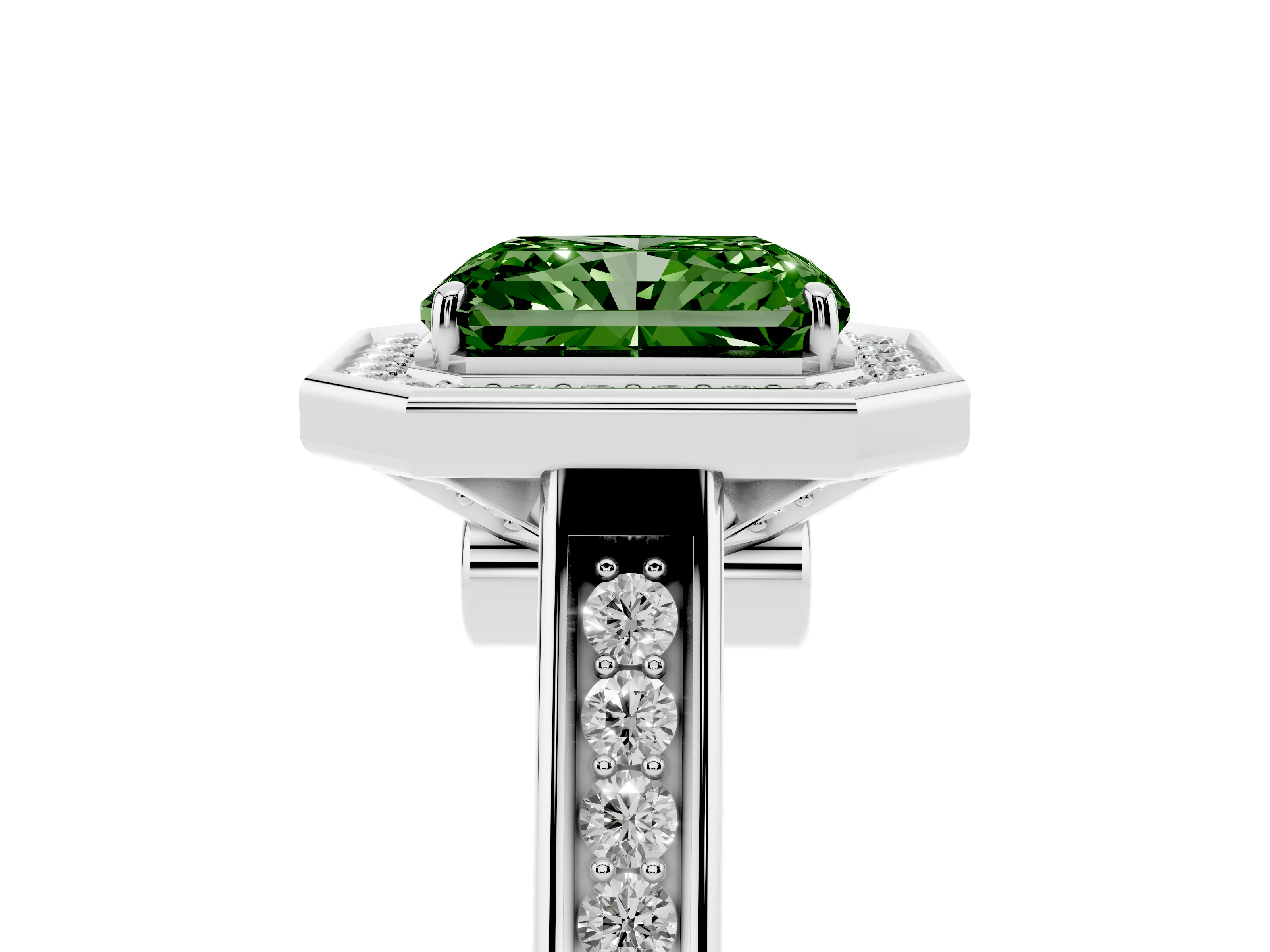 Fancy Green Radiant Cut Diamond Halo Solitaire Ring Set in Platinum with Pavé Band and Bezel Setting